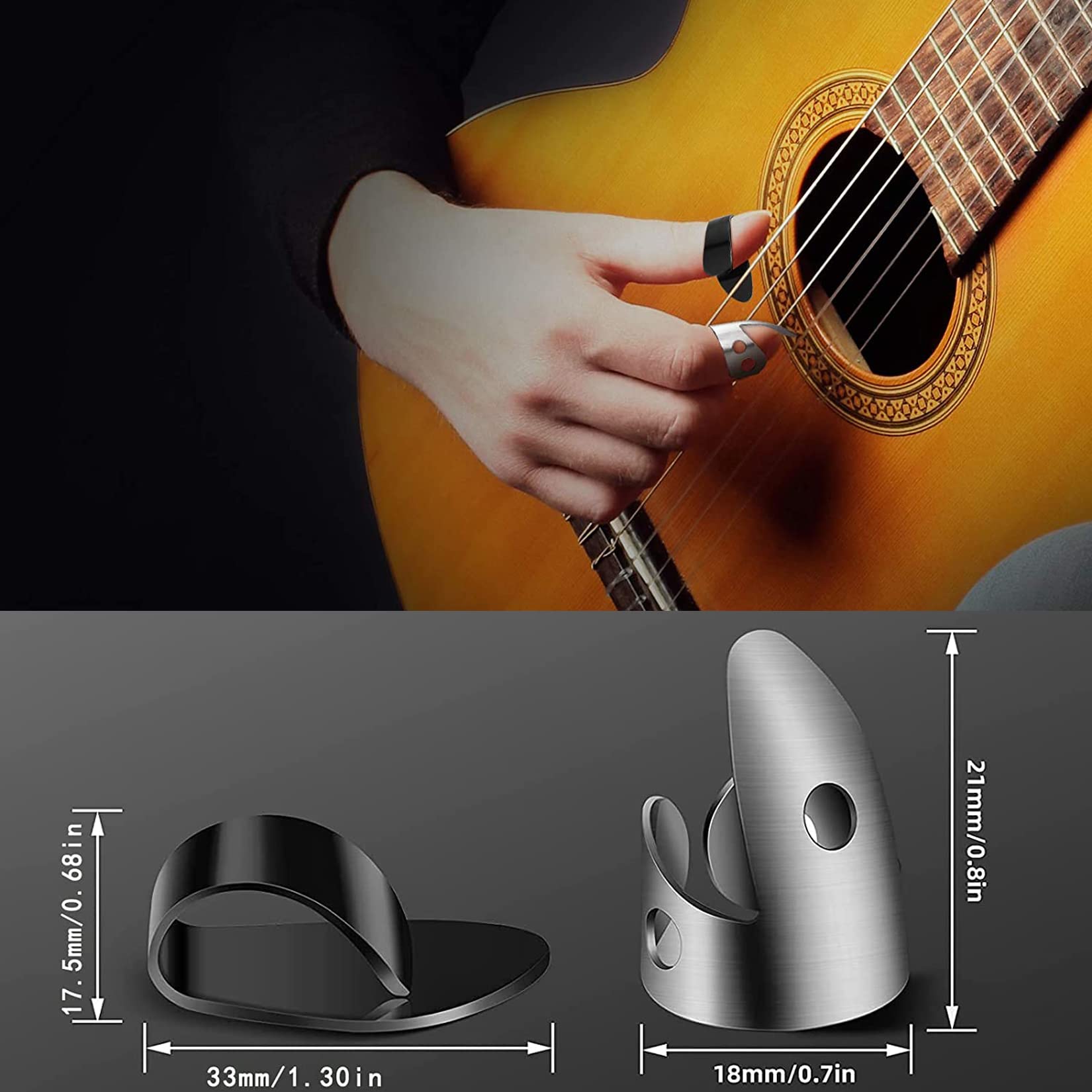 12pcs Adjustable Finger Thumb Picks Set Includes 8pcs Silver Stainless Steel Finger Picks and 4pcs Plastic Thumb Picks for Guita