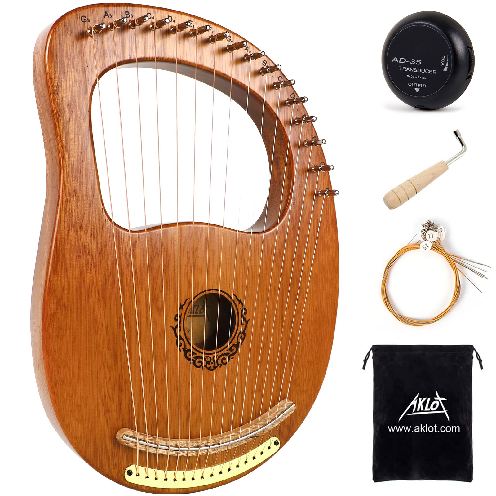 AKLOT 16 Metal Strings Lyre Harp Maple Saddle Mahogany Body Lyra Harp with Carved Note Tuning Wrench Pick up Strings