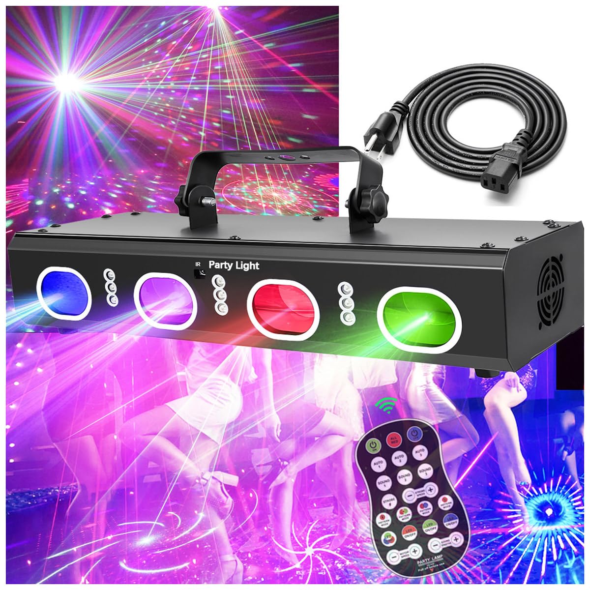Upgraded 4 Lens Dj Disco Lights For Parties Laser Light Show With 9 Led Strobe Lights Remote&Dmx512 Control, Sound Activated Clu