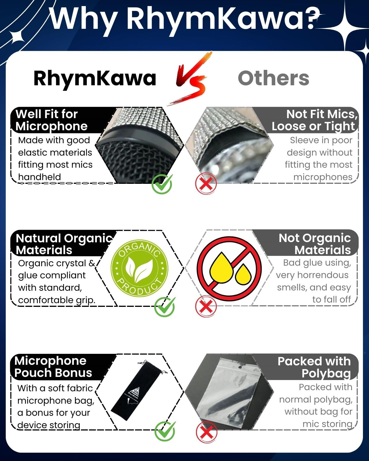 RhymKawa Silver Crystal Mic Handle Cover for Universal Wireless Microphone and SM58, BETA58, Sparkle Cordless Handheld Shining o