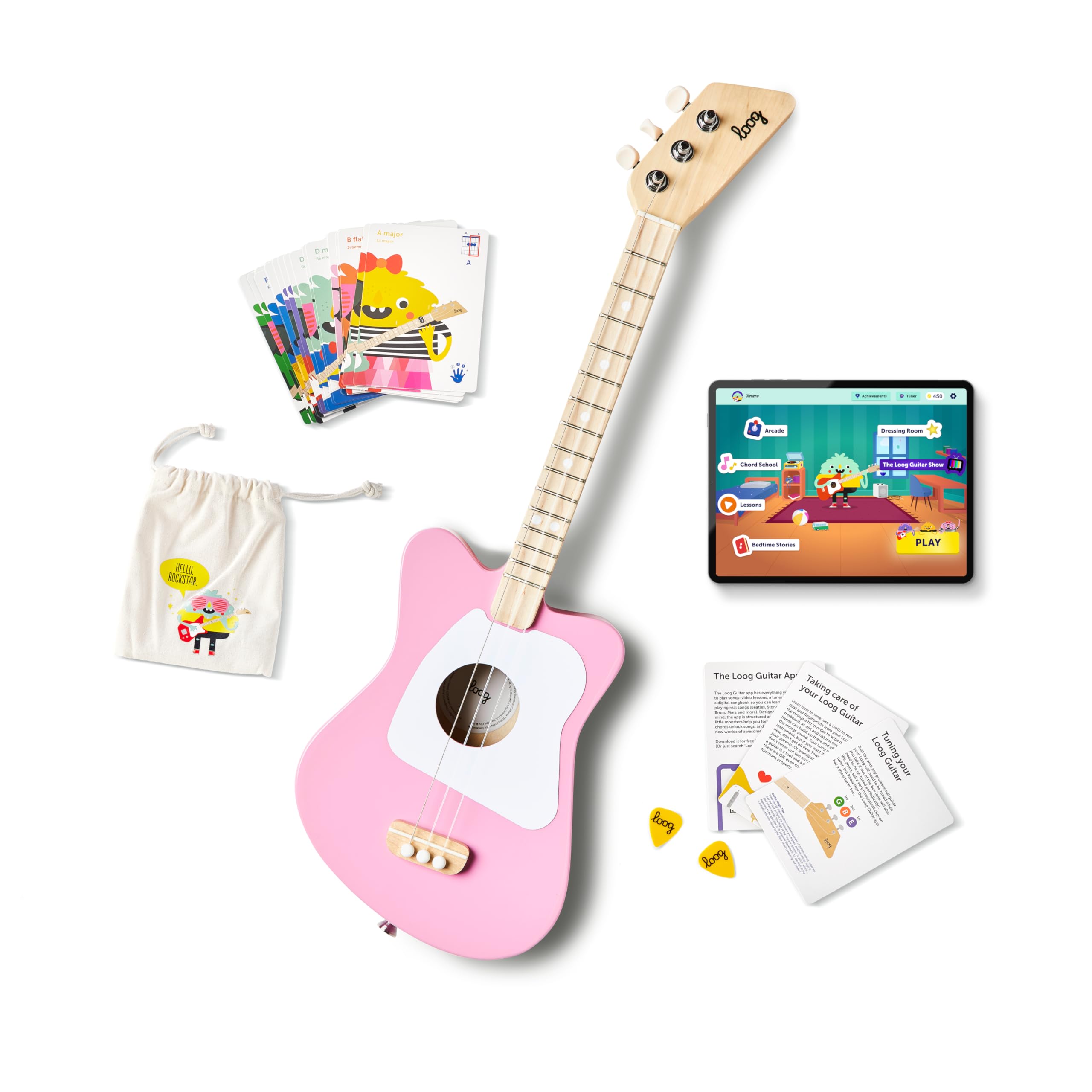 Loog Mini Acoustic Kids Guitar For Beginners 3-Strings Ages 3+ Learning App And Lessons Included