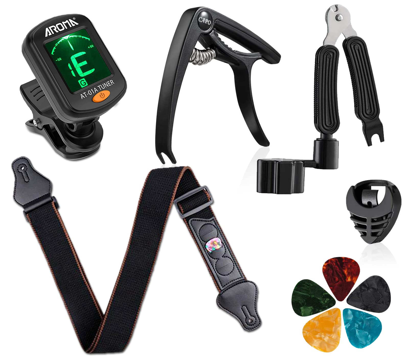 Guitar Accessories Set 10 Pieces Guitar Tool Kit Including Guitar Capo, Tuner, String Winder, Guitar Strap, Guitar Picks, Guitar