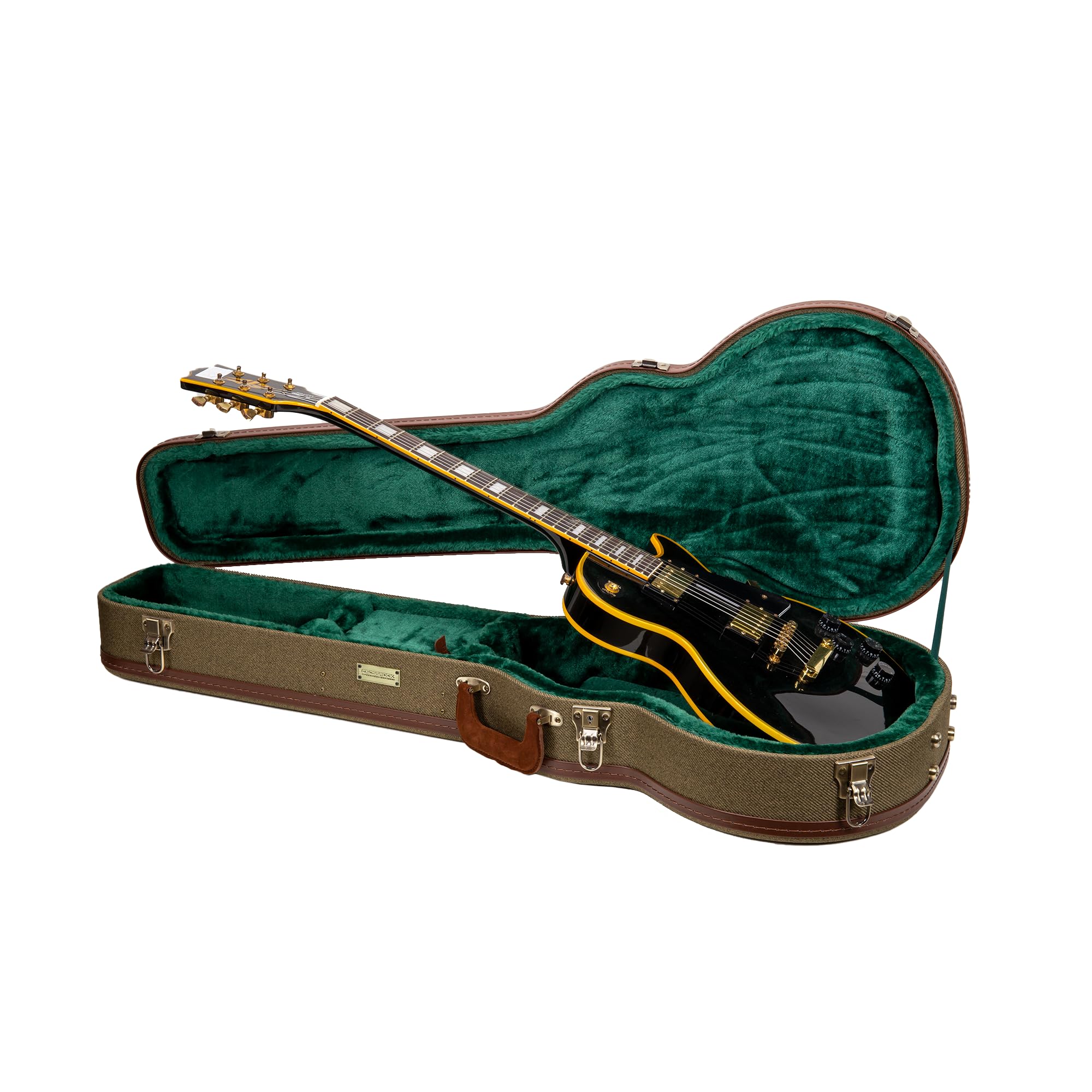 Crossrock Master Series Les Paul Electric Guitar Case | Olive Green Tweed Exterior, Re-Engineered Wooden Shell, Leather Handle &