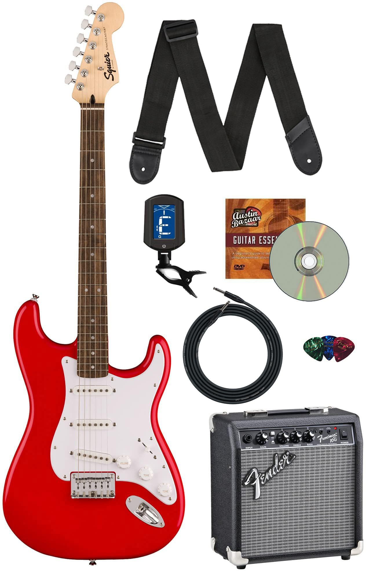 Fender Squier Sonic Stratocaster Ht - Torino Red Bundle With Amp, Tuner, Strap, Cable, Picks, And Austin Bazaar Guitar Dvd