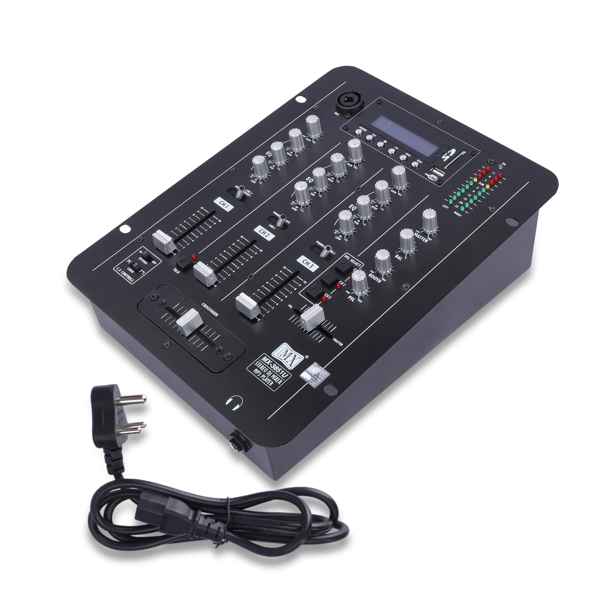 Mx 3 Channel Dj Mixer With Usb Input, Stereo Output, 3-Band Eq, Crossfader With Reverse, Mic Input With Talkover, Headphone Moni