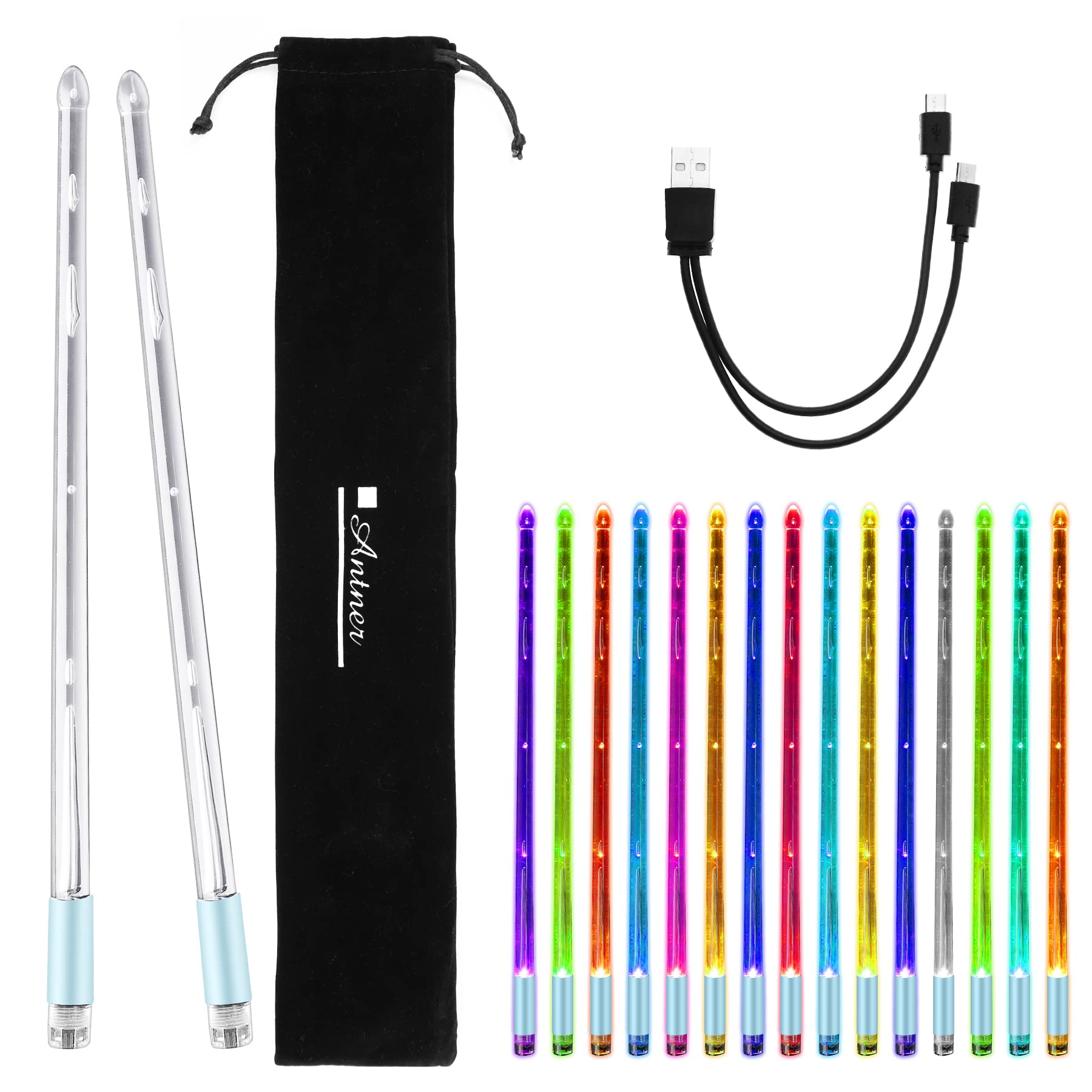 Antner Light Up Drum Sticks 15 Color Changing Drumsticks with Storage Bag for Adults Drummers, Glow in The Dark Cool Rechargeabl