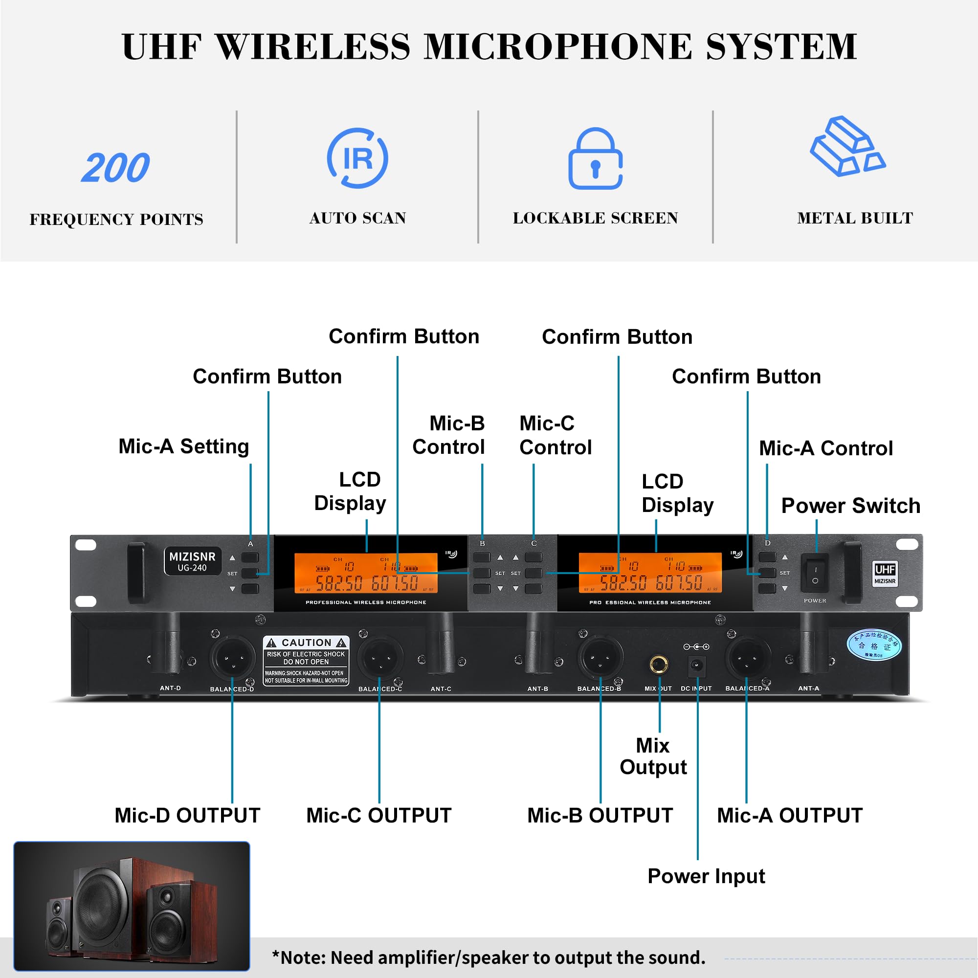 MIZISNR Wireless Microphone System 4 Channel, UHF Metal Cordless Handheld Mics Set - 200 Adjustable Frequencies, Auto Scan & Mem