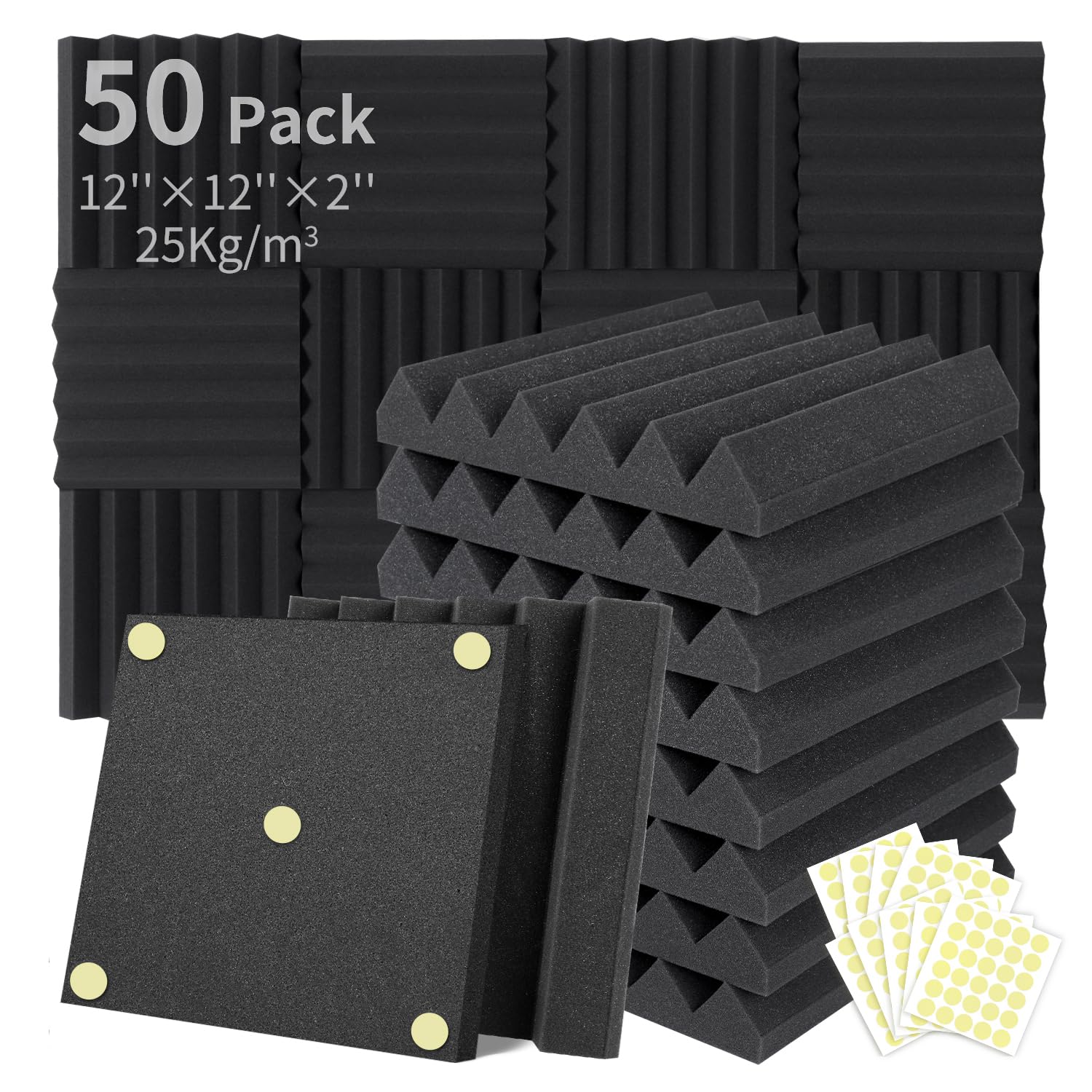 Focusound 50 Packs Acoustic Foam Panels Wedge 2'' X 12'' X 12'', Soundproofing Foam Noise Cancelling Foam With 300 Pcs Double-Si