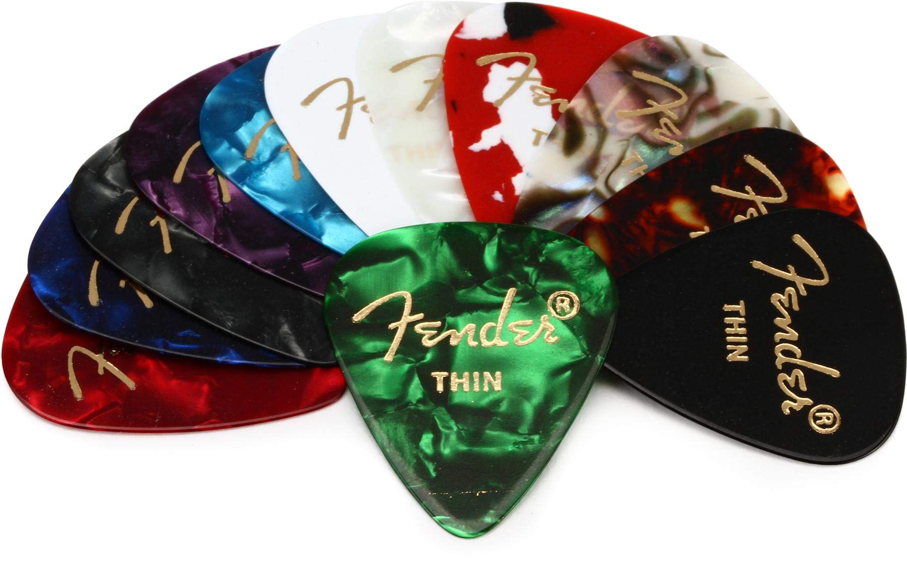 Fender Classic Celluloid Guitar Picks 351 Shape, Color Medley, Thin, 12-Pack