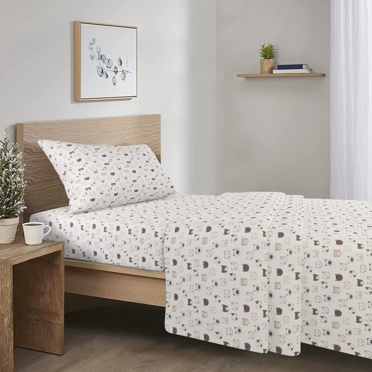 Comfort Spaces Cotton Flannel Breathable Warm Deep Pocket Sheets With Pillow Case Bedding, Twin Xl, Greypink Cats 3 Piece