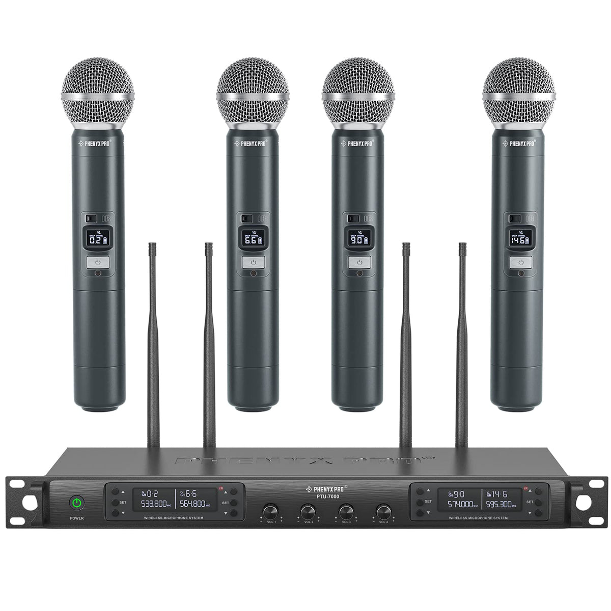 Phenyx Pro Wireless Microphone System, Quad Channel Wireless Mic, W/ 4X40 Uhf Frequencies, Auto Scan, 328Ft Long Range, 4 Handhe