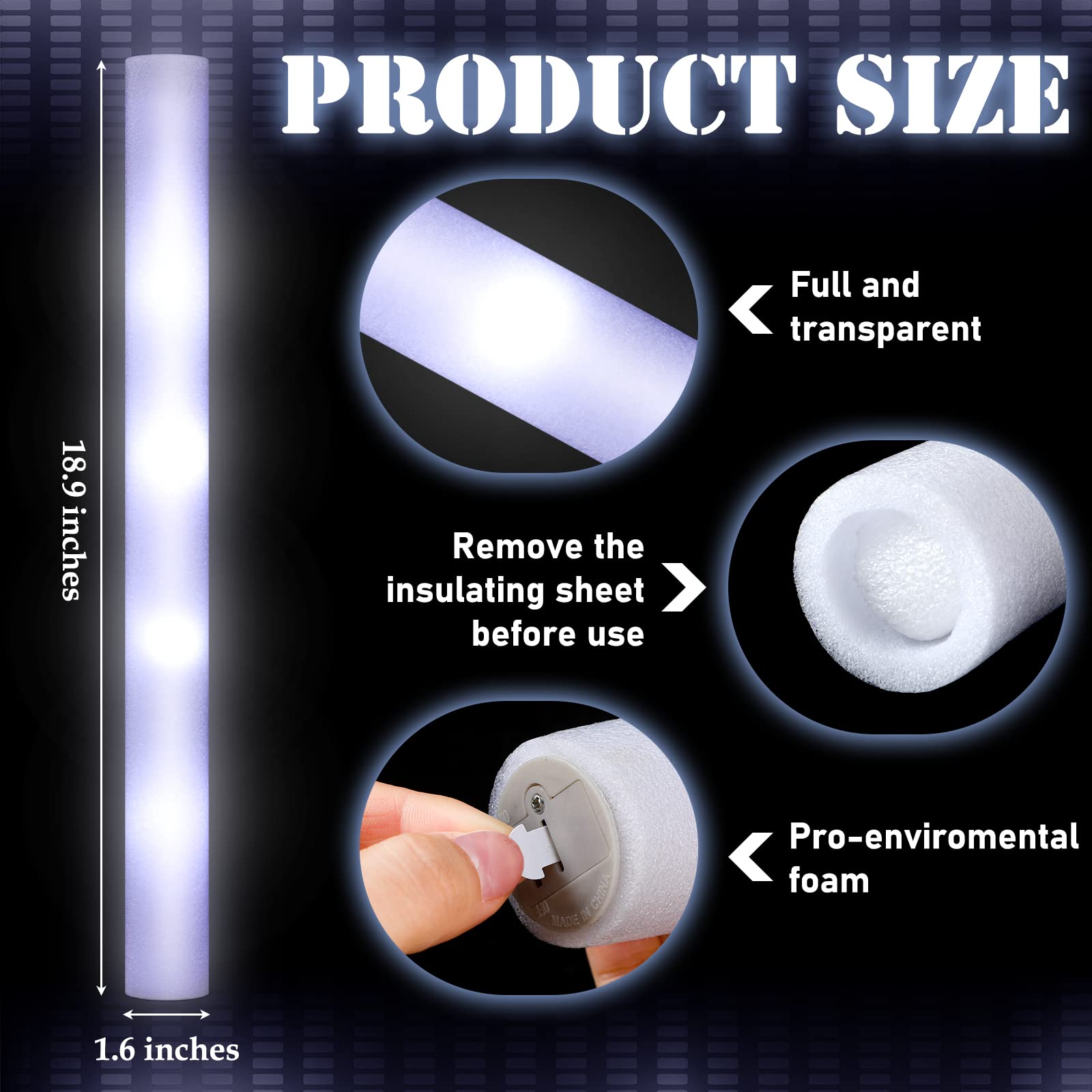 Yinder Led Foam Glow Sticks, 18.9 Inches White Light up Batons with 3 Modes Flashing Light up Stick White Glow Sticks for Weddin