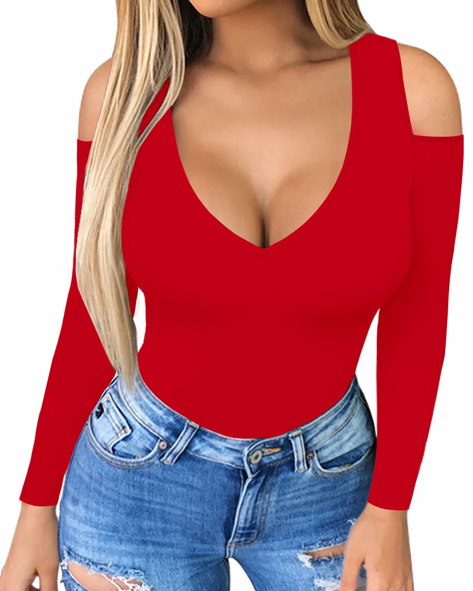 Herlollychips Womens Long Sleeve Tops Deep V Neck Cold Shoulder Tight Fitted Sexy Casual Fall Winter Tee T-Shirts(Long Sleeve Re