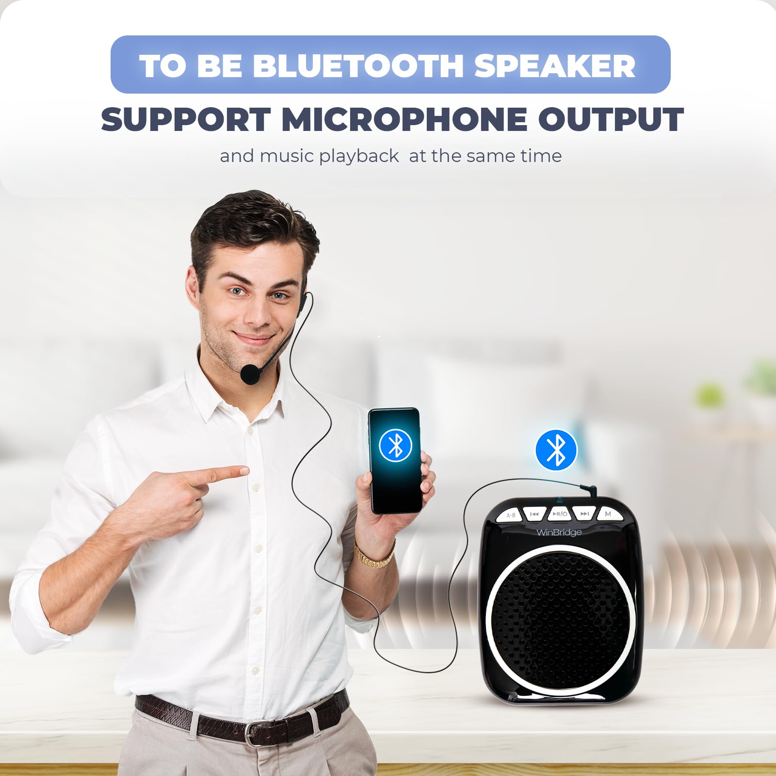 WinBridge WB001 Portable Voice Amplifier with Headset Microphone Personal Speaker Mic Rechargeable Ultralight for Teachers, Elde