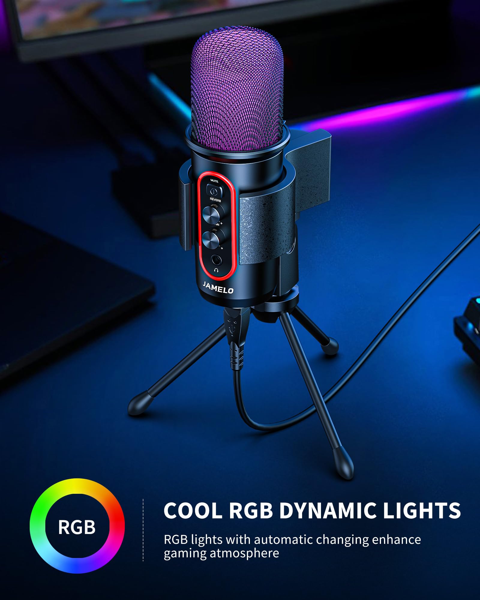 JAMELO Gaming Microphone, USB Computer Condenser Mic for PC/Laptop/Phone/PS4/5, RGB, Headphone Output, Volume Control,Plug and P