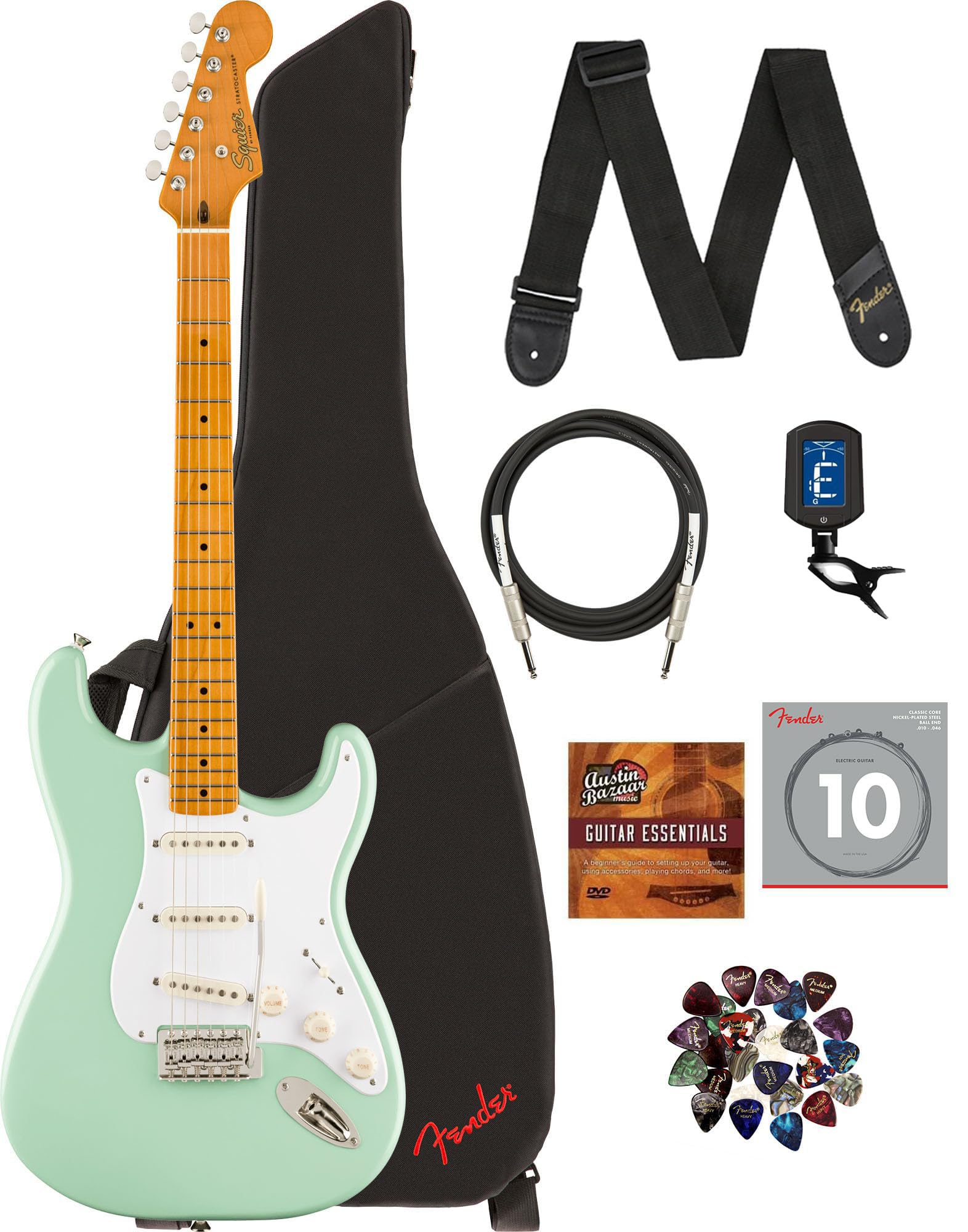Fender Squier Classic Vibe '50S Stratocaster - Surf Green Bundle With Gig Bag, Cable, Tuner, Strap, Strings, Picks, And Austin B