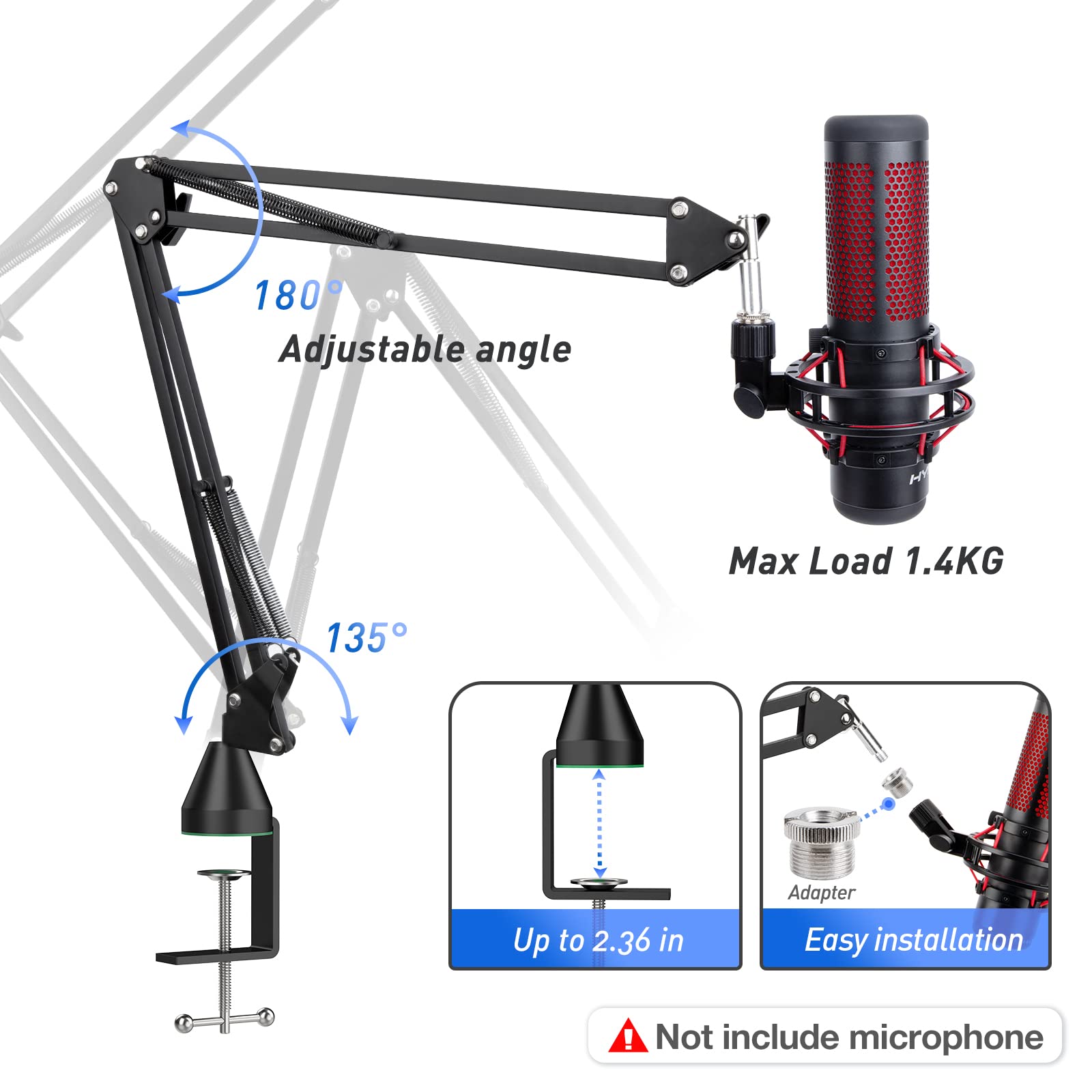 Boom Arm Mic Stand for HyperX QuadCast,Adjustable Suspension Microphone Stand for QuadCast, QuadCast S - Upgrade C Clamp, 2 Cabl