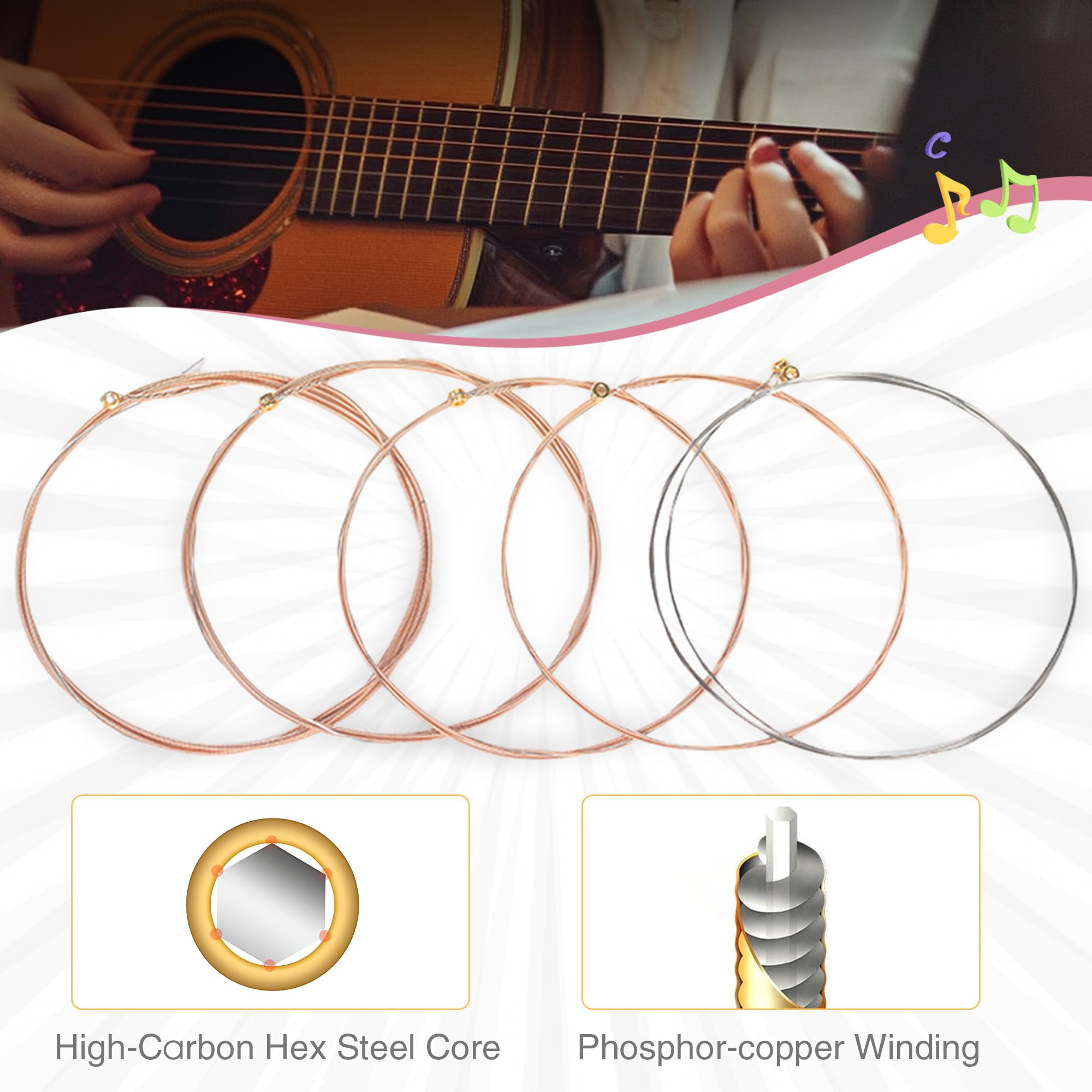 Acoustic Guitar Strings 6 Guitar Strings Nickel Plated Steel with PVD Ion Coating Guitar Strings Acoustic 6 String Set Consisten