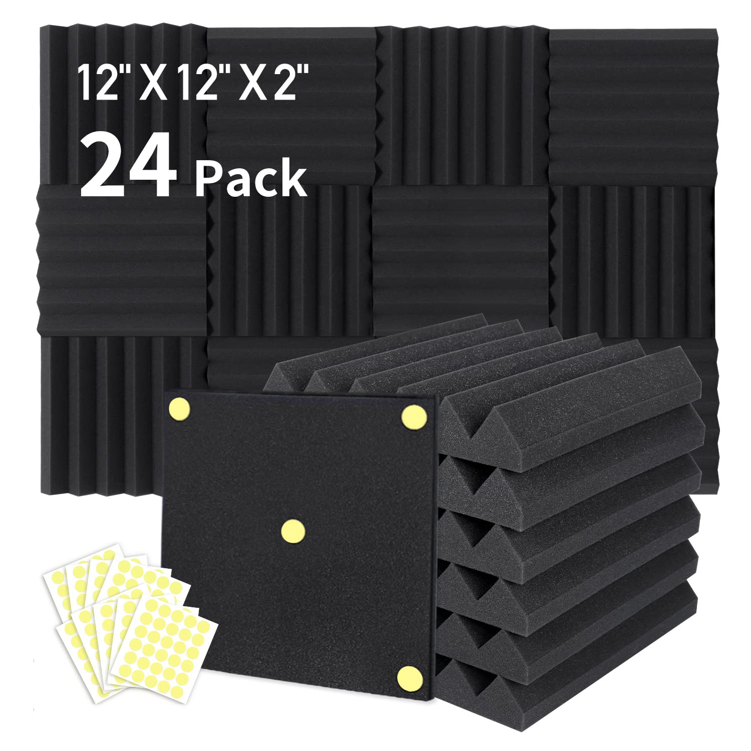 Focusound 24 Packs Acoustic Foam Panels 2'' X 12'' X 12'', Soundproofing Foam Noise Cancelling Foam With 120 Pcs Double-Side Adh