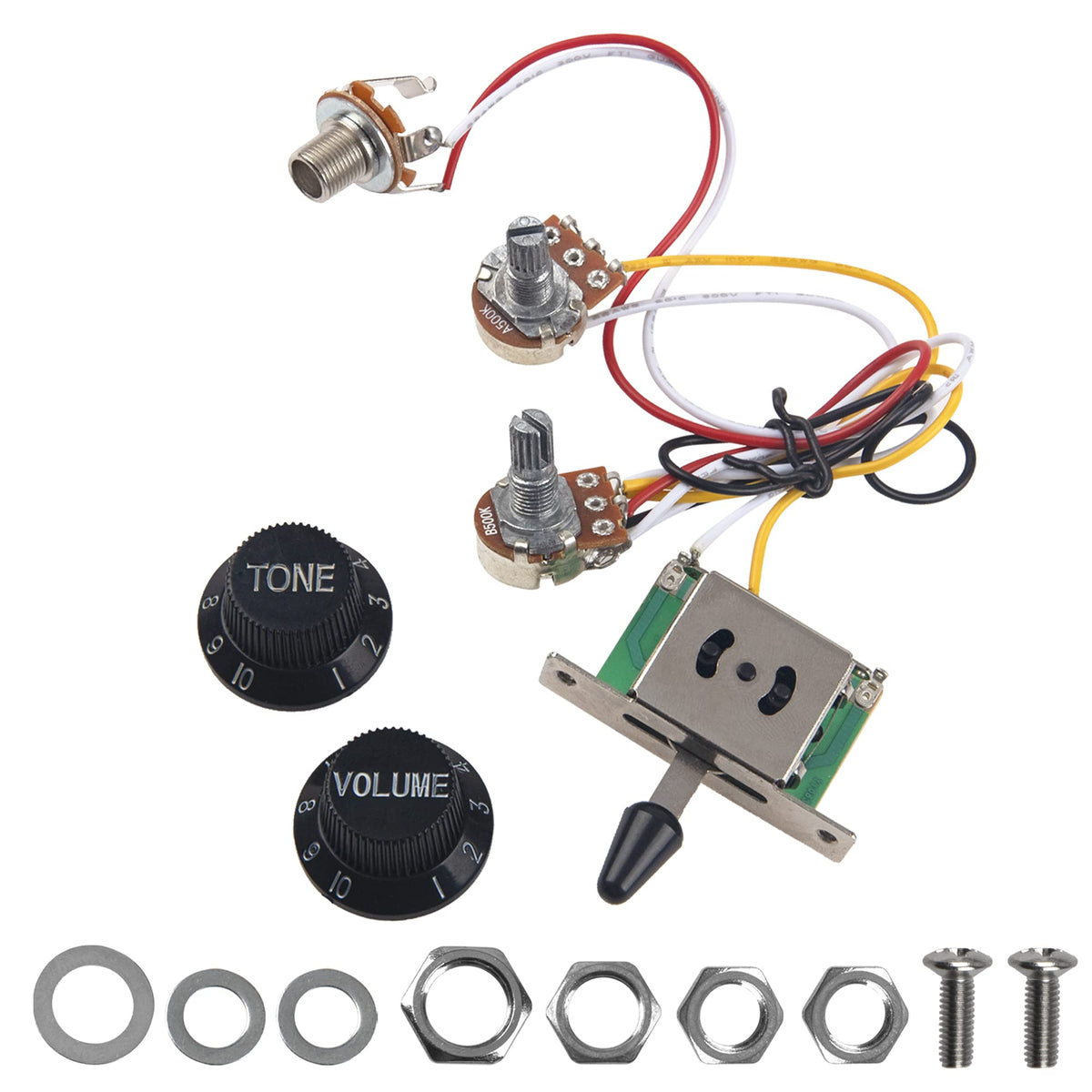 1Set Yootones Guitar Wiring Harness Set,Prewired 500K Pots 3 Way Switch Wiring Harness Kit With 6.35 Output/Black Knobs Compatib