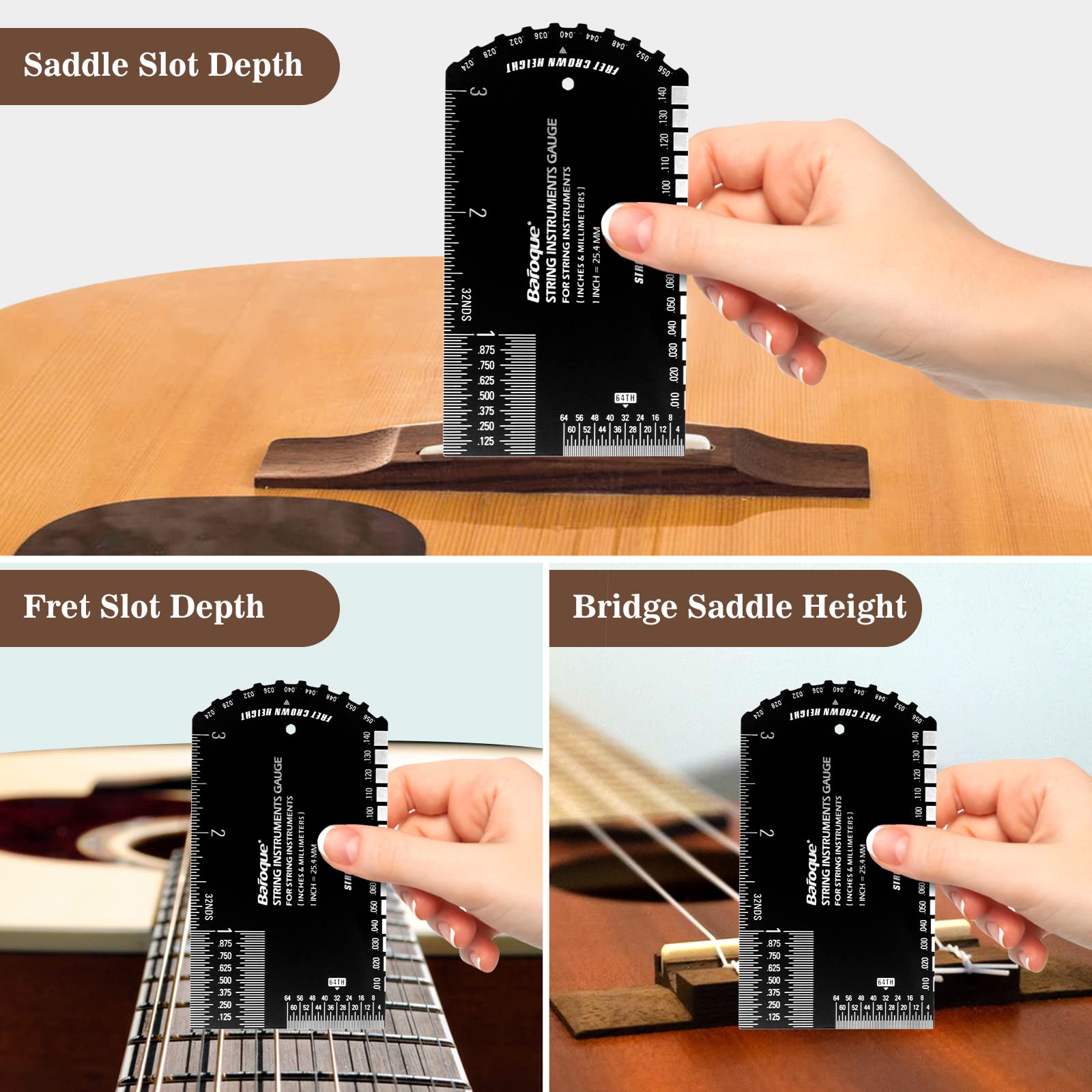 String Action Gauge Ruler, Guitar Set Up Gauge,Multifunctional Guitar Fret Rocker Luthier Tool with Thick Leather Case,Precise E