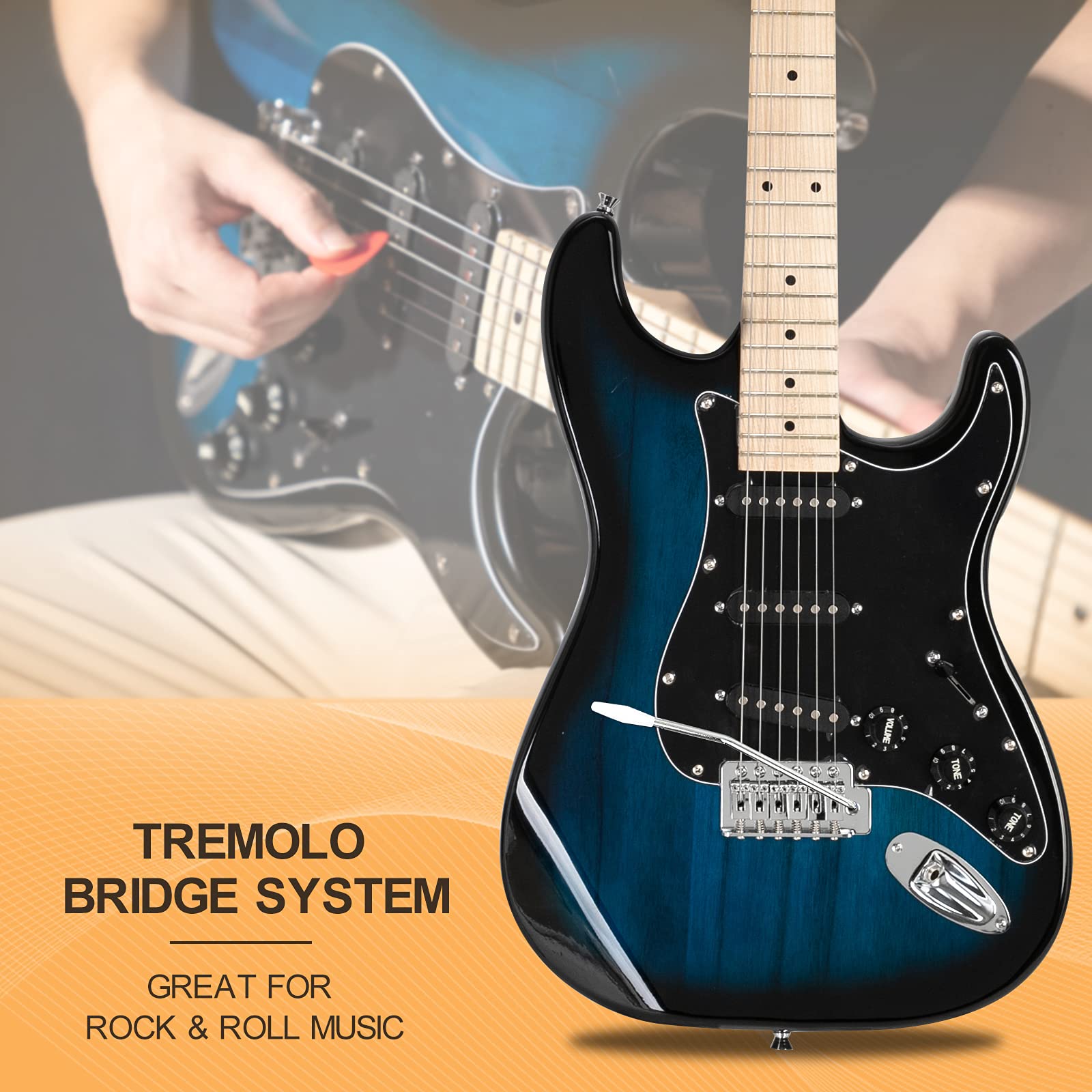 GLARRY Full Size Electric Guitar for Music Lover Beginner with 20W Amp and Accessories Pack Guitar Bag (Blue)