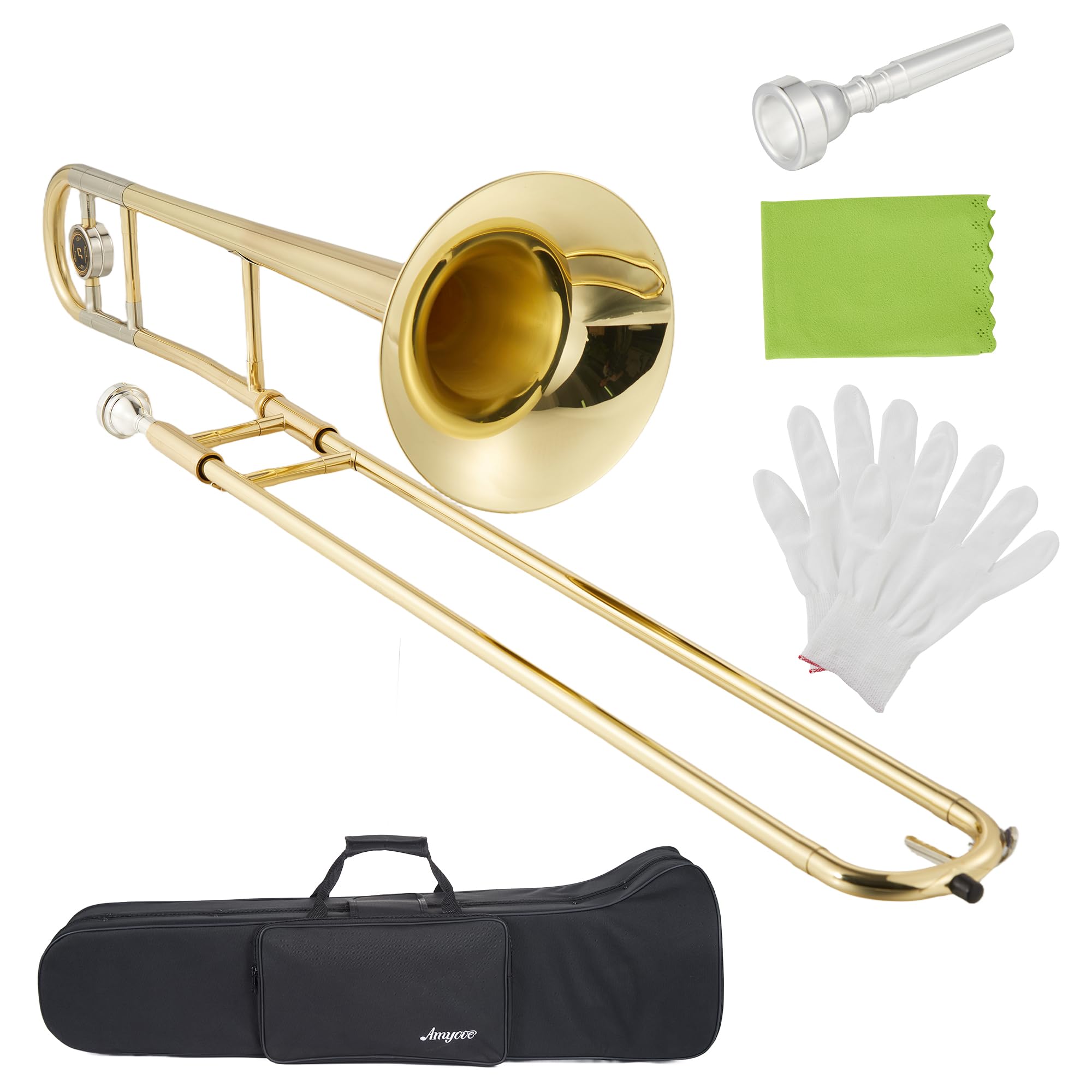 B Flat Alto Trombone, Brass Trombone for Beginners with Mouthpiece, Hard Case, Gold Lacquer Finish, Cleaning Kit (Rod/Cloth/Glov