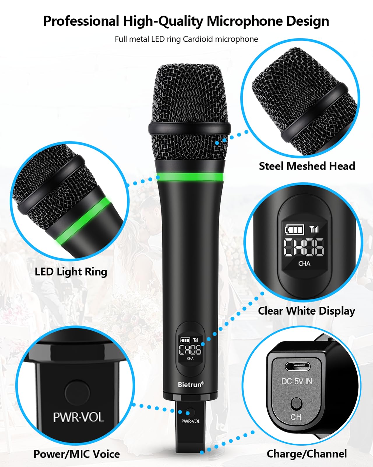 Bietrun XLR Wireless Microphone, Rechargeable Dual Metal Cordless Handheld Dynamic Mics for Mixer, Audio Interface, PA Amplifier