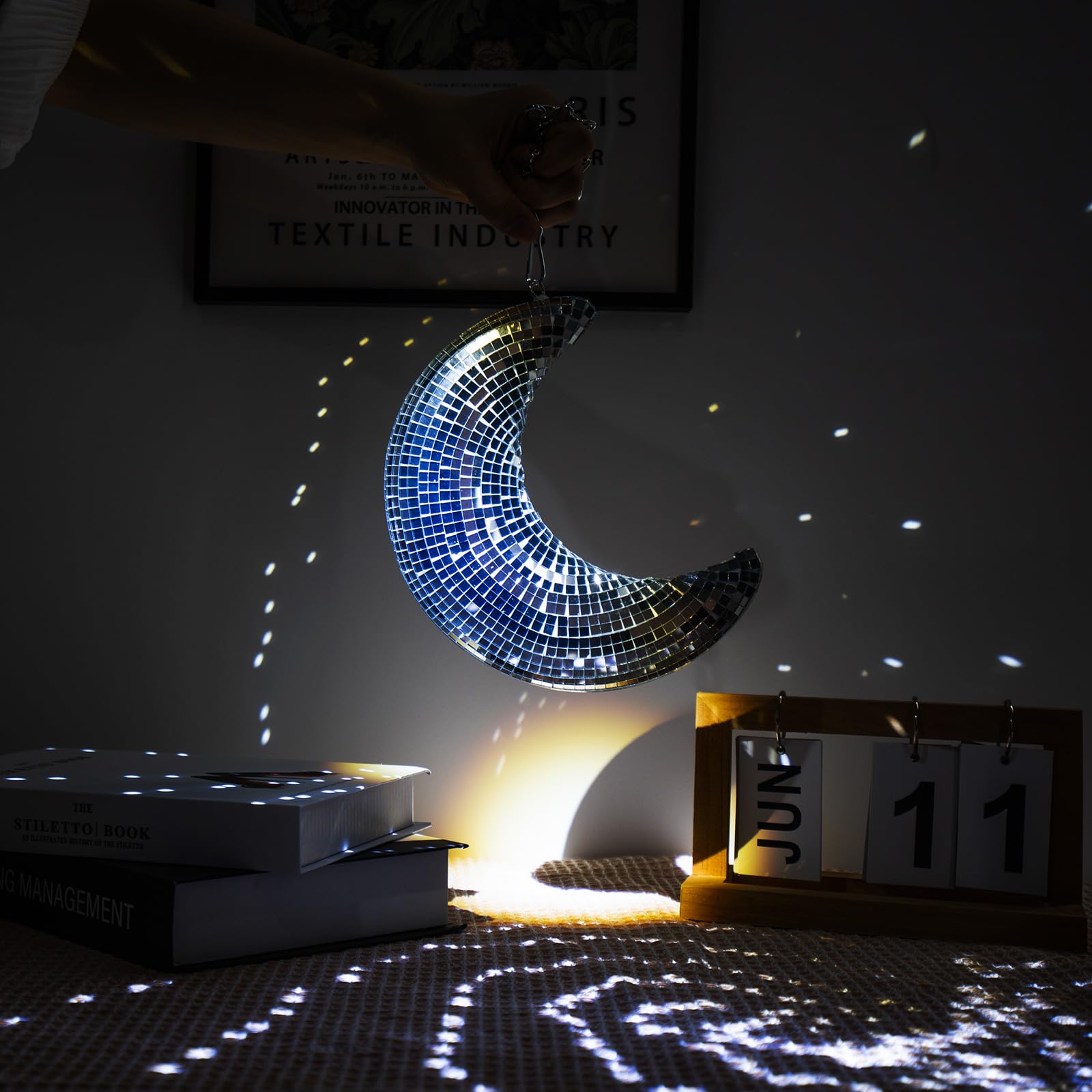 Disco Ball Moon Shaped Decor - 8 inch Silver Sparkling Glass Mirror Rotating Balls with 20 in Chain for Party Wedding Nightclub