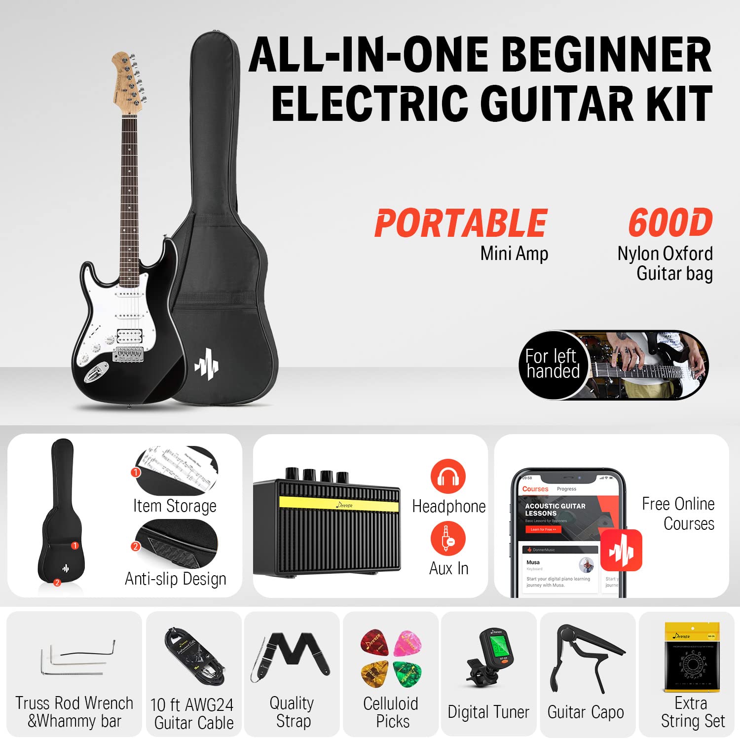 Donner 39 Inch Left-Handed Electric Guitar Kit Solid Body Black Lefty Beginner Set Full-Size with Amplifier Online Lesson Bag Di