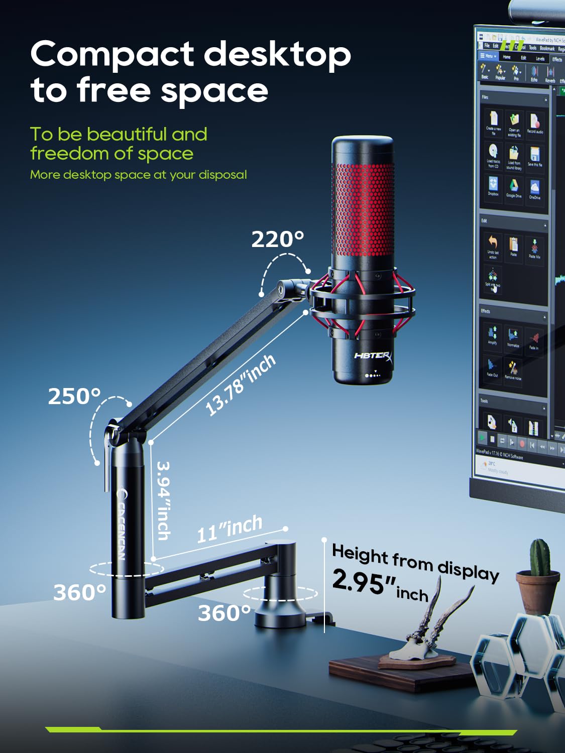 M05 Boom Arm, 360 Rotatable Microphone Stand with Desk Mount, Foldable Desk Mic Arm with 3/8'' to 5/8'' Screw Adapter, Microphon