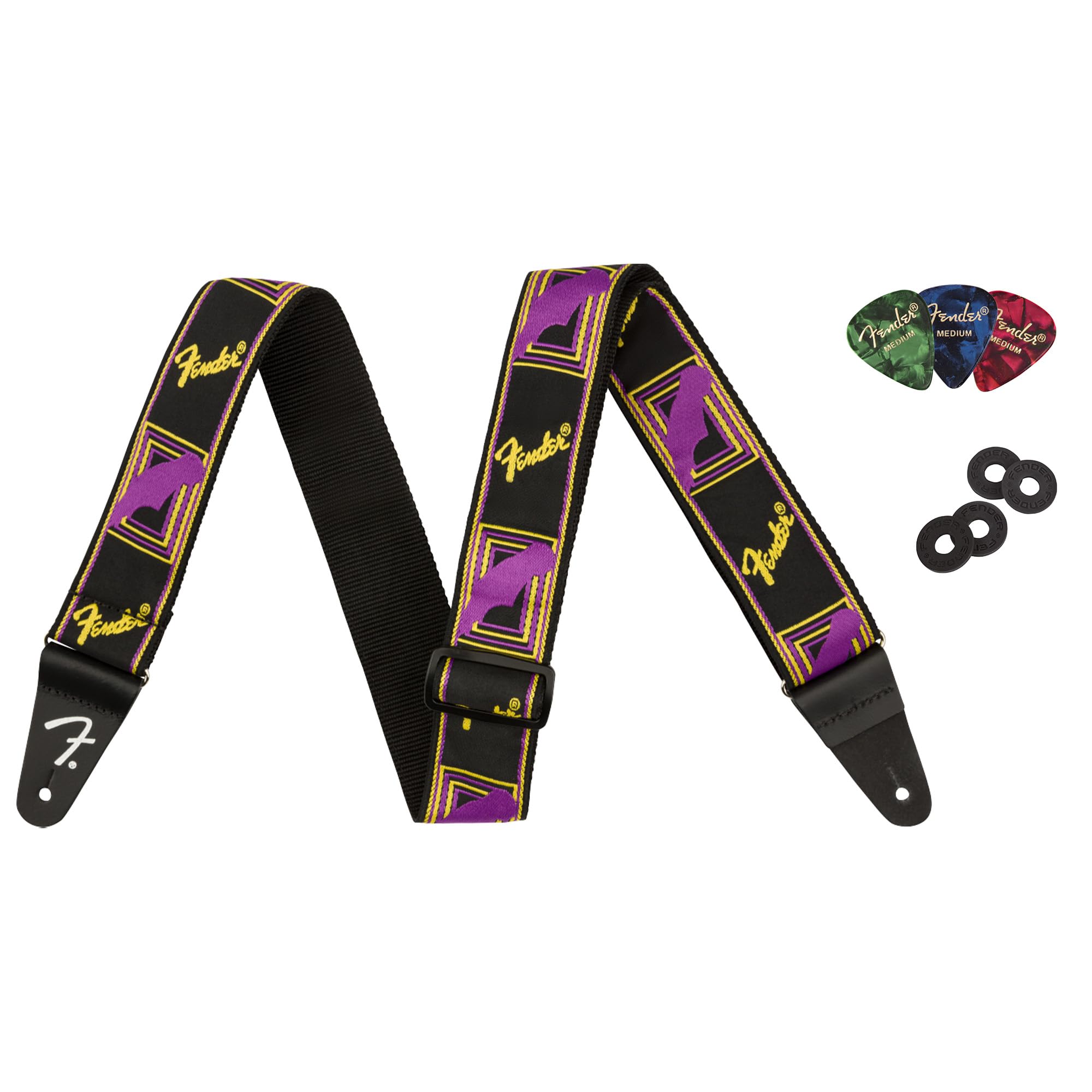 Fender Neon Monogrammed 2-Inch Guitar Strap - Purple And Yellow Bundle With Strap Blocks And Picks