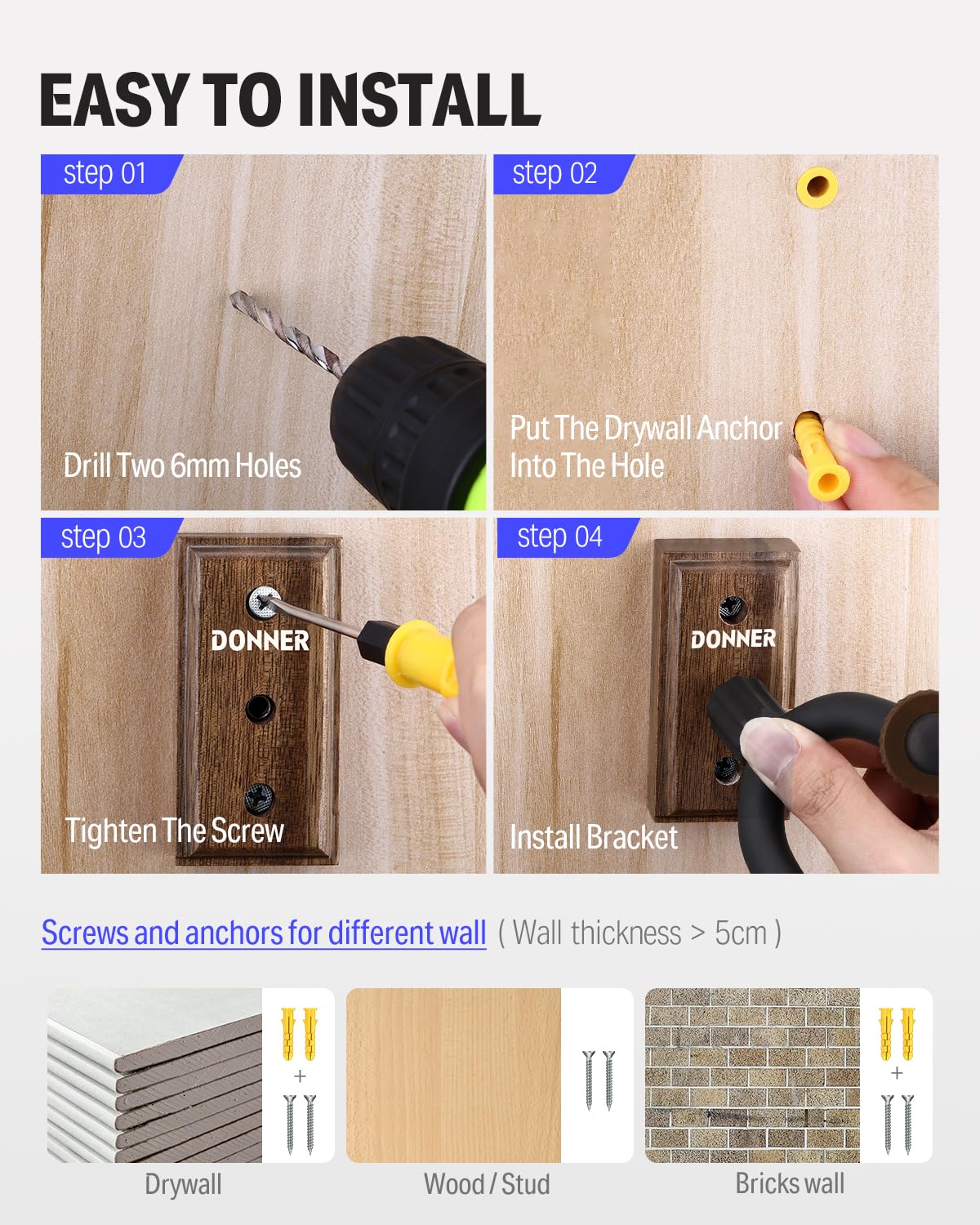 Donner Guitar Wall Mount, 3 Pack Guitar Wall Hanger, Black Walnut Guitar Hanger Wall Hook Holder Stand for Acoustic Electric Bas