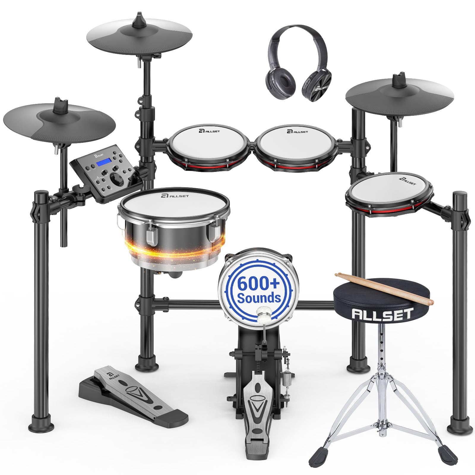 ALLSET 700 Professional Electric Drum Sets with Mude Mesh Drum Pads, 10  Dual Zone Snare, 30 Kits & 600+ BFD Sounds, 2 Pedals, T