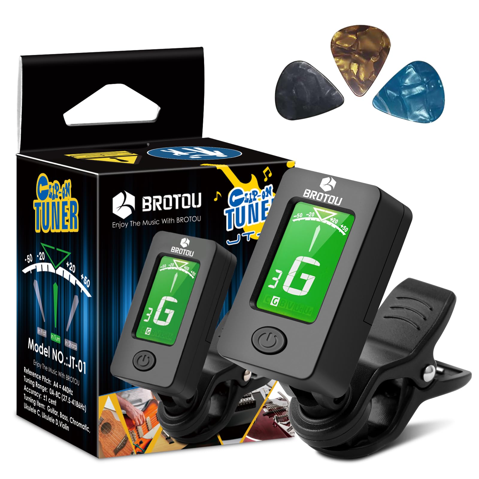 BROTOU Guitar Tuner Clip On with Guitar Capo for Guitar, Bass, Violin, Ukulele, Digital Electronic Tuner Acoustic Guitar Accesso