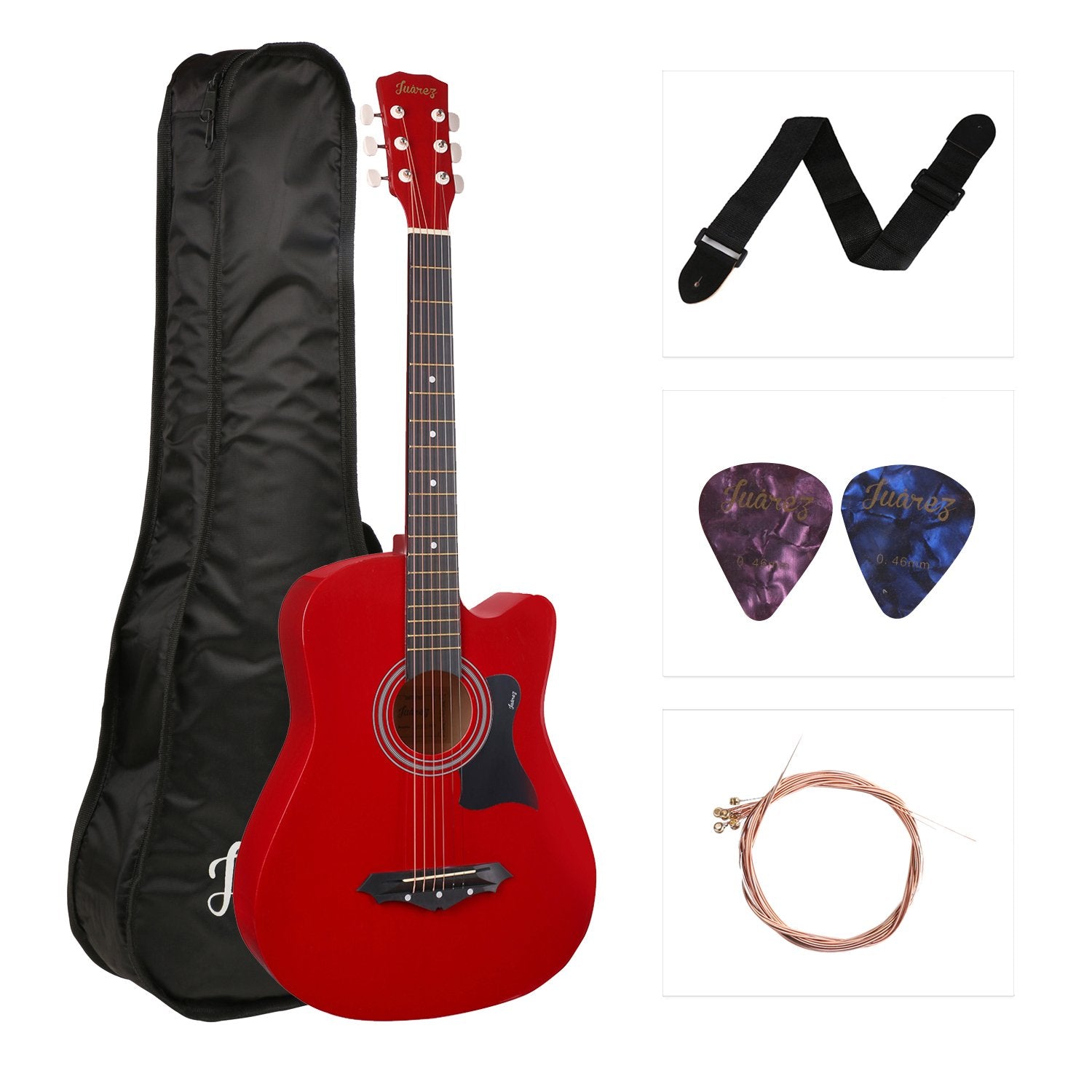 Jurez Acoustic Guitar, 38 Inch Cutaway, Jrz38C/Red With Bag, Strings, Pick And Strap, Red