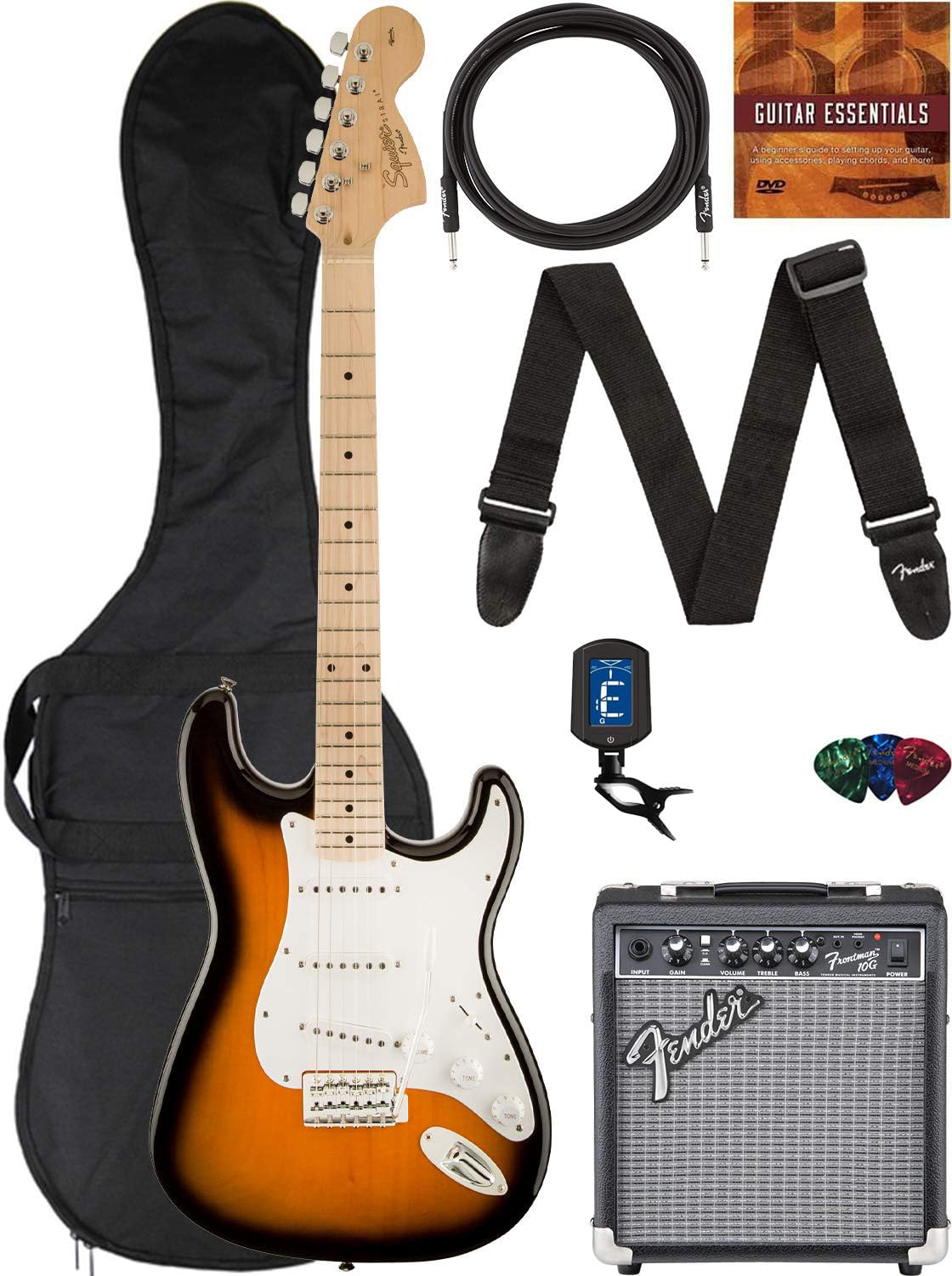 Fender Squier Affinity Stratocaster - 2-Color Sunburst Bundle with Frontman 10G Amplifier, Gig Bag, Instrument Cable, Strap, Pic