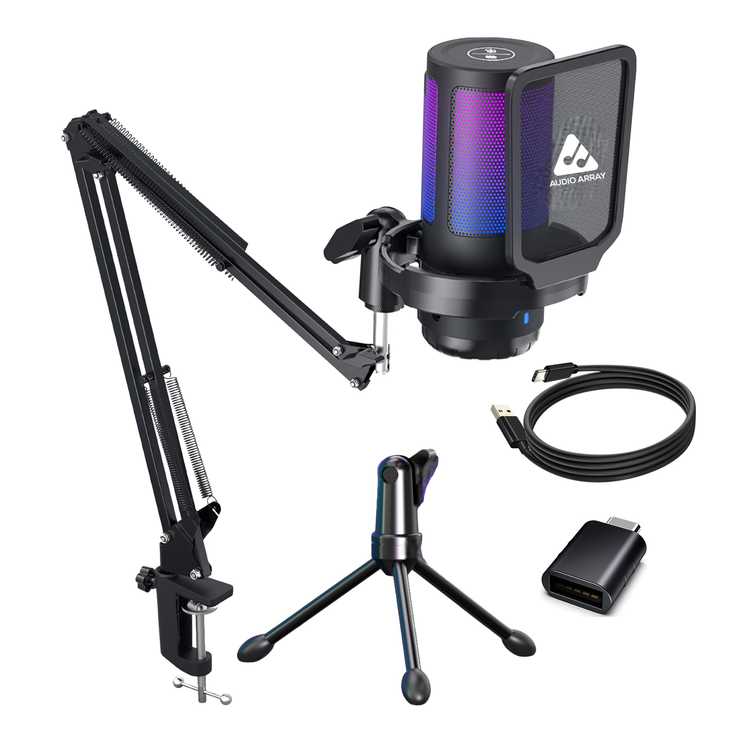 Audio Array Am-C46 Professional Rgb Usb Condenser Microphone Kit | Noise-Cancellation, Mute, Monitoring & Volume Controls | 192K