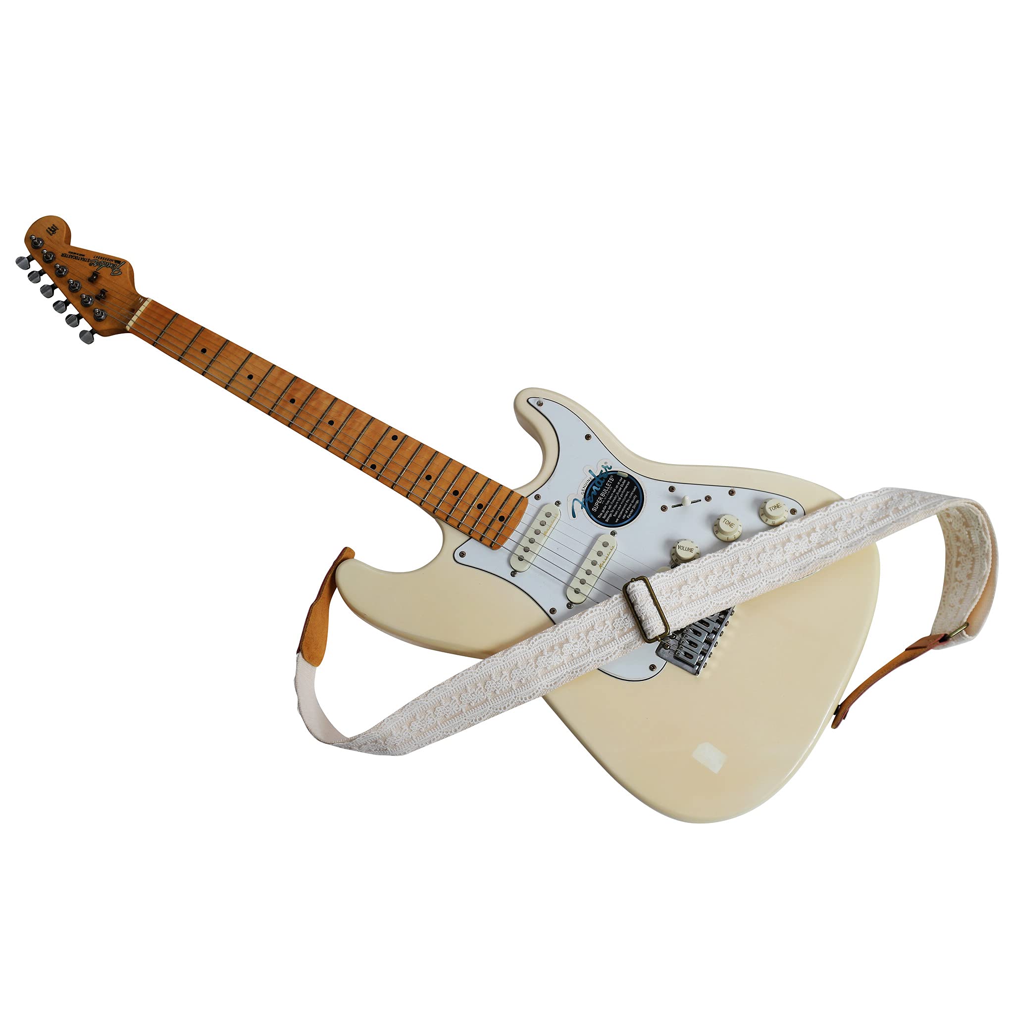 MUSIC FIRST Original Design, 2 inch width (5cm), White Graceful & Vintage''Lace'' Soft Lace & Genuine Leather Delux Guitar Strap