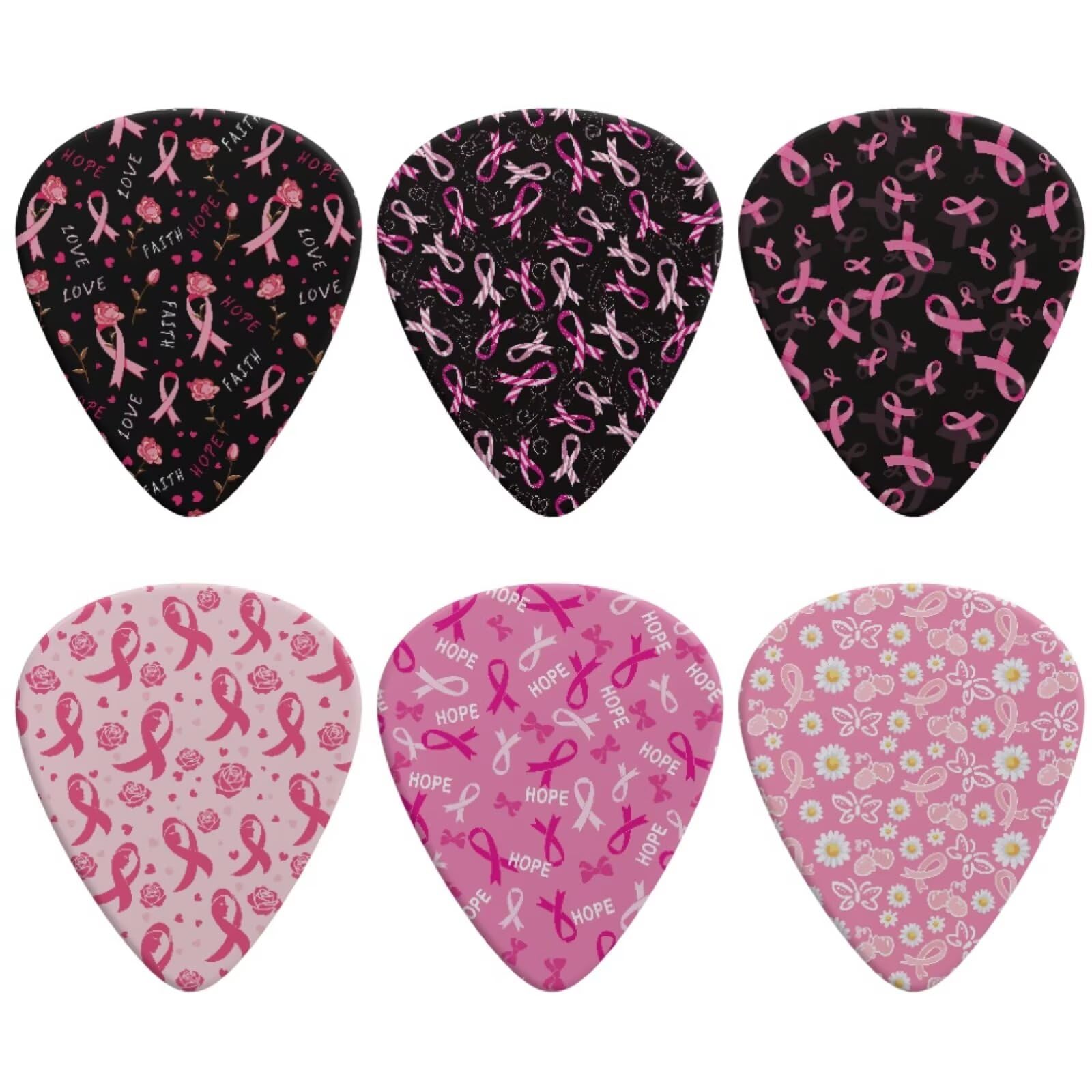 Jeiento 6 Pack Breast Cancer Awareness Pink Ribbon Guitar Picks for Electric Guitar Bass Triangle and Thin Music Gifts for Women