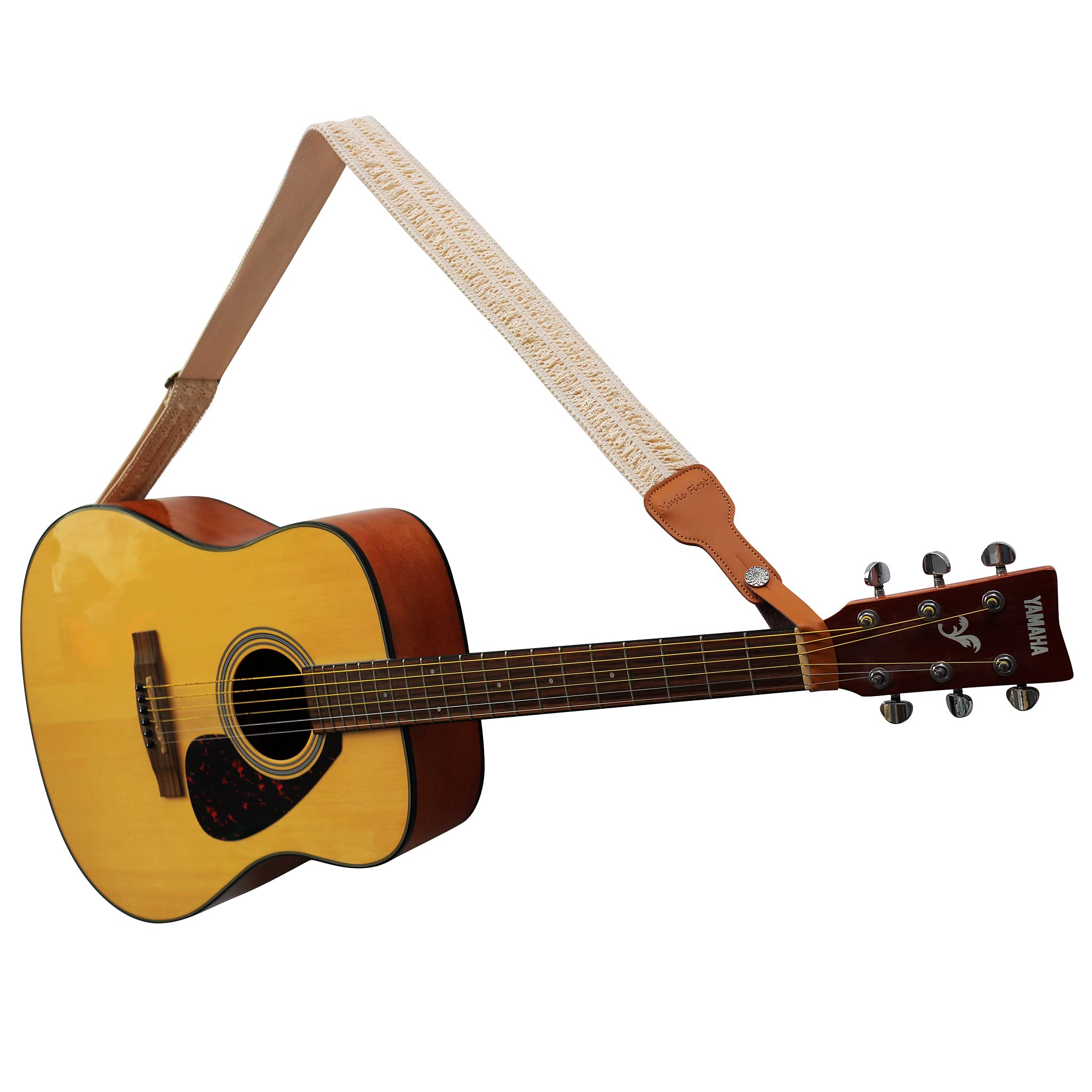 MUSIC FIRST Original Design, 2 inch width (5cm), Cream Graceful & Vintage Lace Soft Lace & Genuine Leather Delux Guitar Strap, E