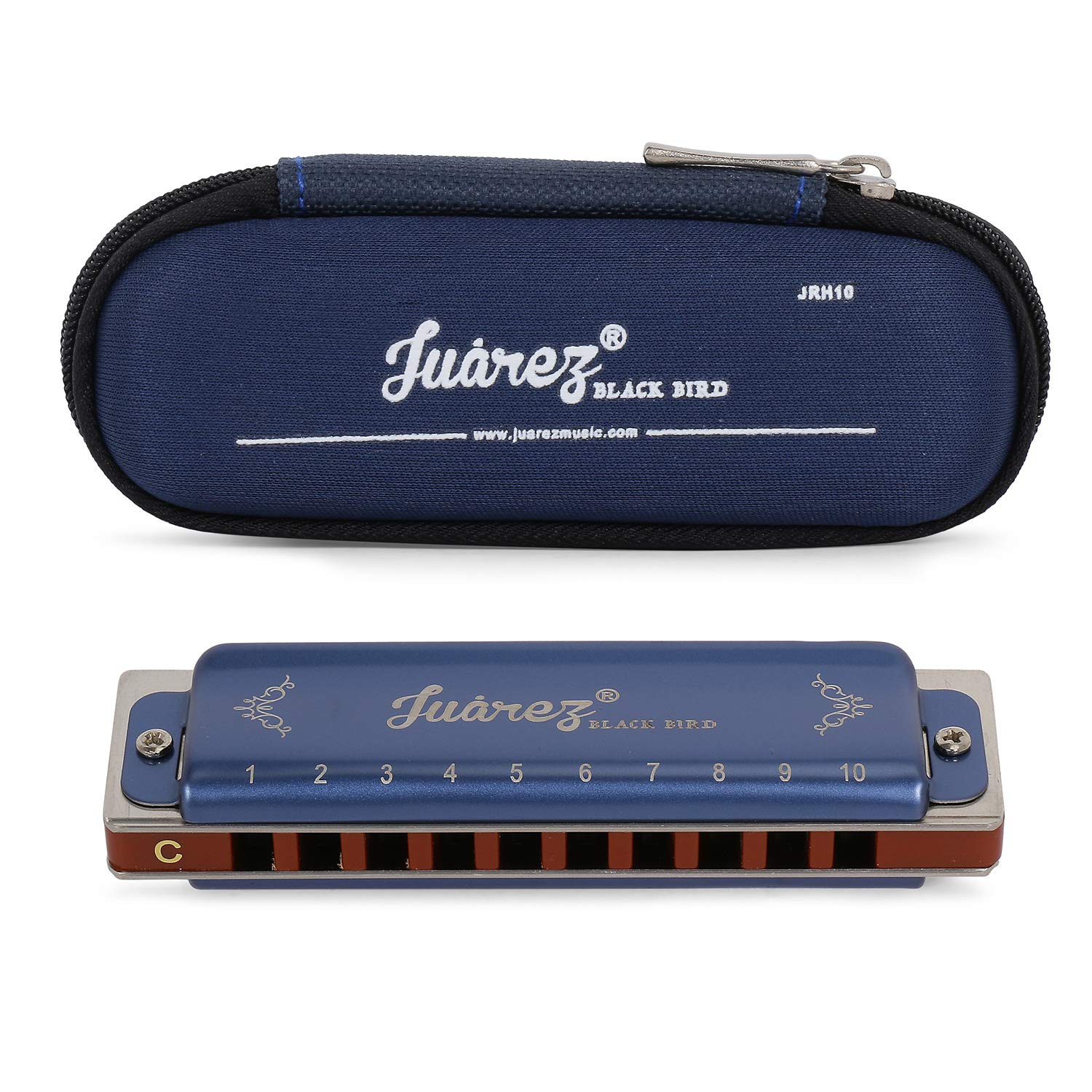 Juarez Blackbird Jrh10Bl Diatonic Professional Blues Harmonica Key Of C Scale | 10 Holes 20 Tones | Mouth Organ | Cover - Brass 