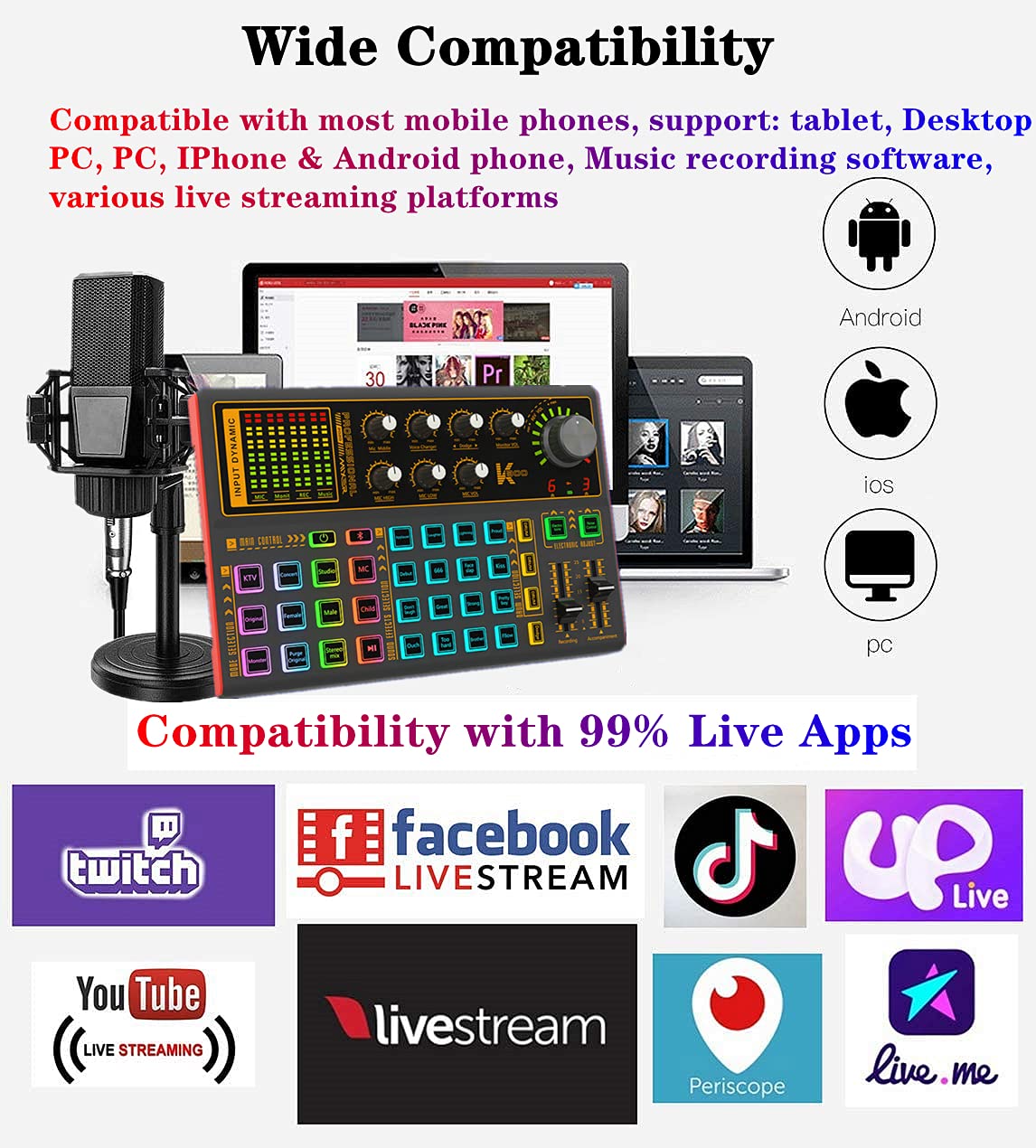 K300 Podcast Equipment Bundle, With Podcast Condenser Microphone, Voice Changer Sound Card with Multiple Sound Effects and LED L