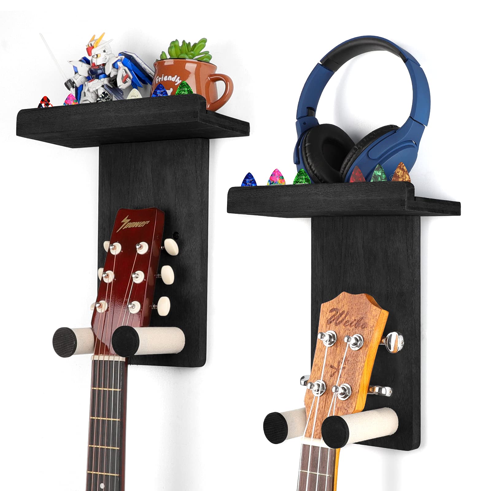 Keebofly Guitar Wall Hanger,2 Pack Guitar Wall Mount Holder Guitar Hanger Shelf With Pick Holder Wood Guitar Rack For Acoustic O