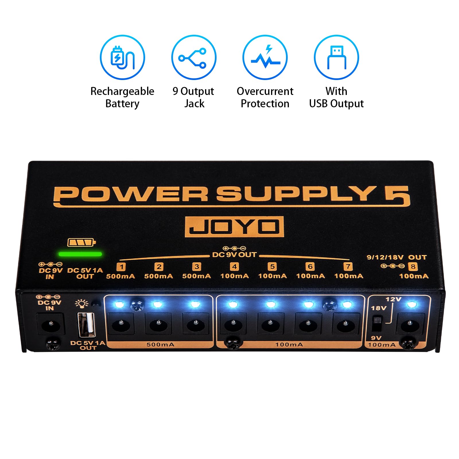 JOYO Built-in 4400mAh Rechargeable Battery Guitar Effect Pedal Power Supply 8 Outputs 9V 12V 18V (100mA, 500mA) Jacks & 5V/1A US