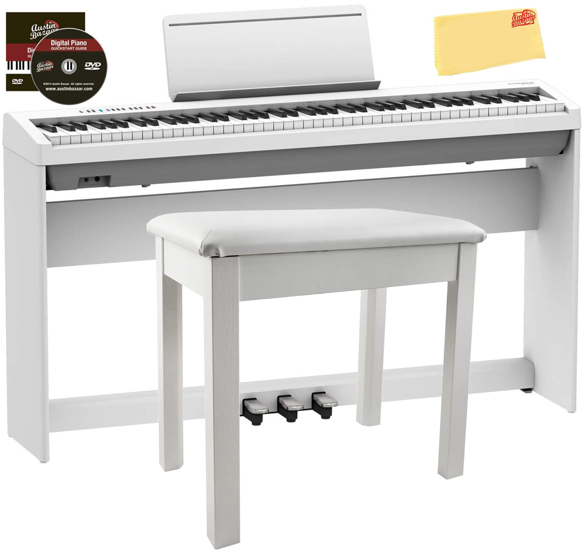 Roland FP-30X 88-Key Digital Piano - White Bundle with Roland KSC-70 Stand, Roland KPD-70 Three Pedal Unit, Bench, Online Piano 