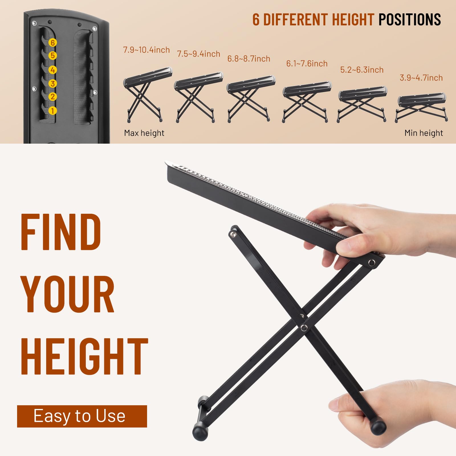 CAHAYA Guitar Foot Stool: 6 Position Height Guitar Foot Rest Folding Extra Stable Foot Rest Stool with Rubber Feet and Non-Slip