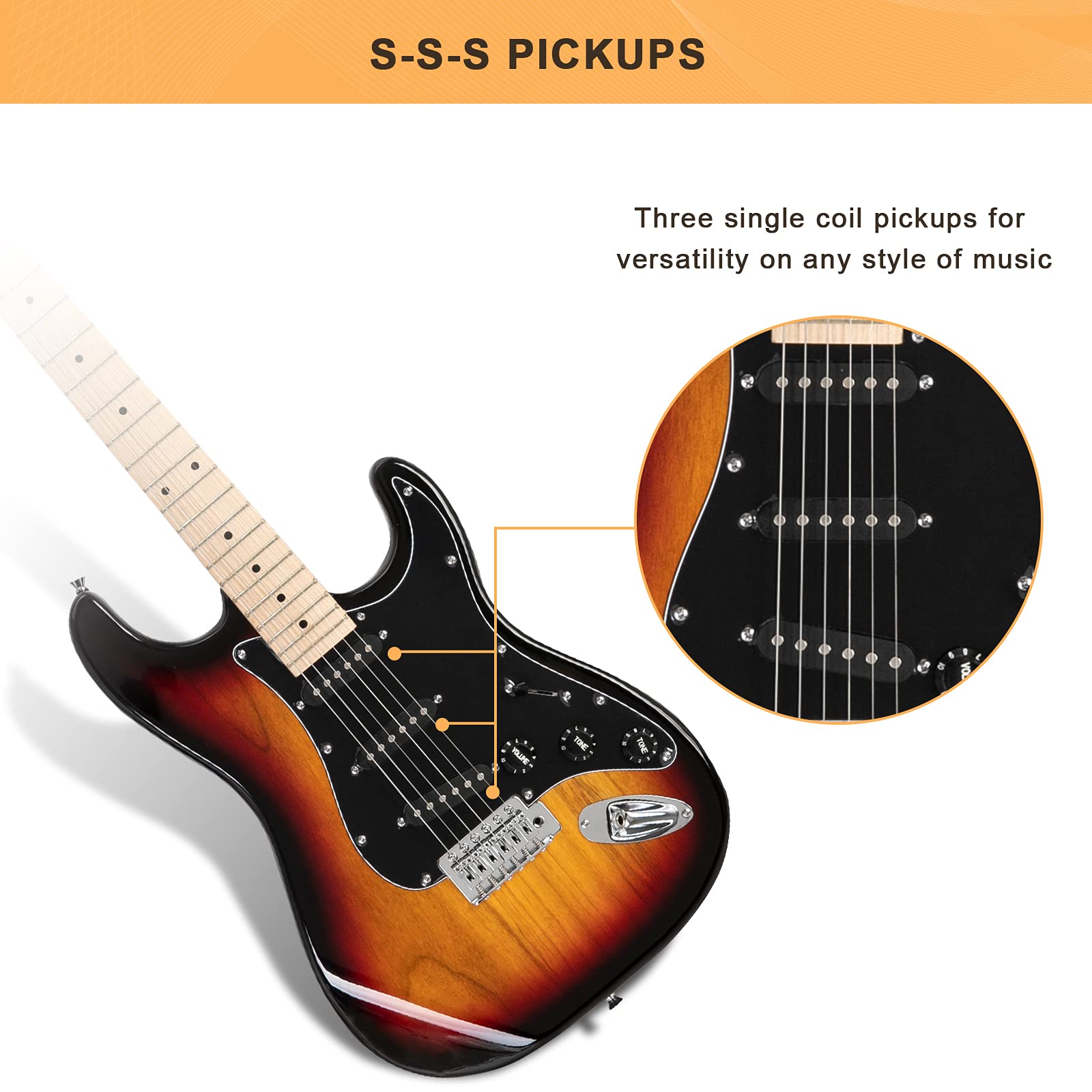 GLARRY Full Size Electric Guitar for Music Lover Beginner with 20W Amp and Accessories Pack Guitar Bag (Sunset)