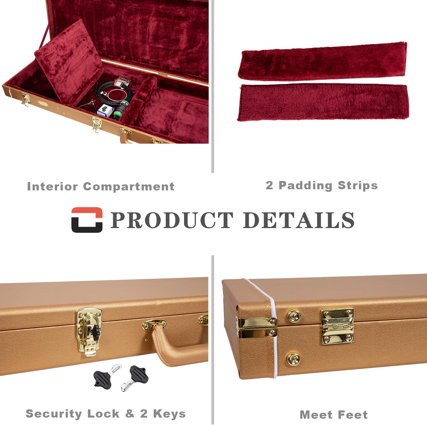 Crossrock Rectangular Wooden Electric Guitar Case for Jazzmaster & Jaguar | Luxury Gold Faux Leather, Burgundy Velvet Interior,