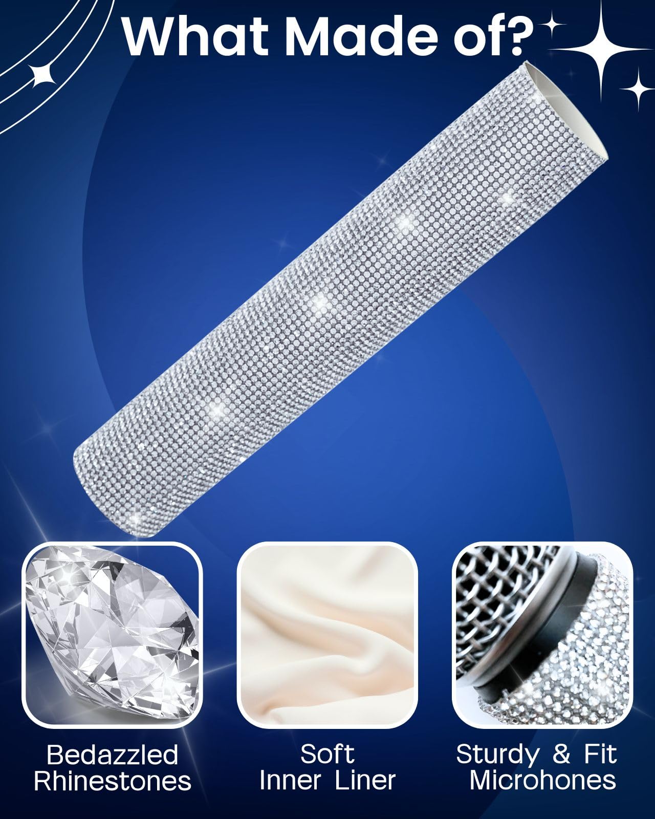 RhymKawa Silver Crystal Mic Handle Cover for Universal Wireless Microphone and SM58, BETA58, Sparkle Cordless Handheld Shining o